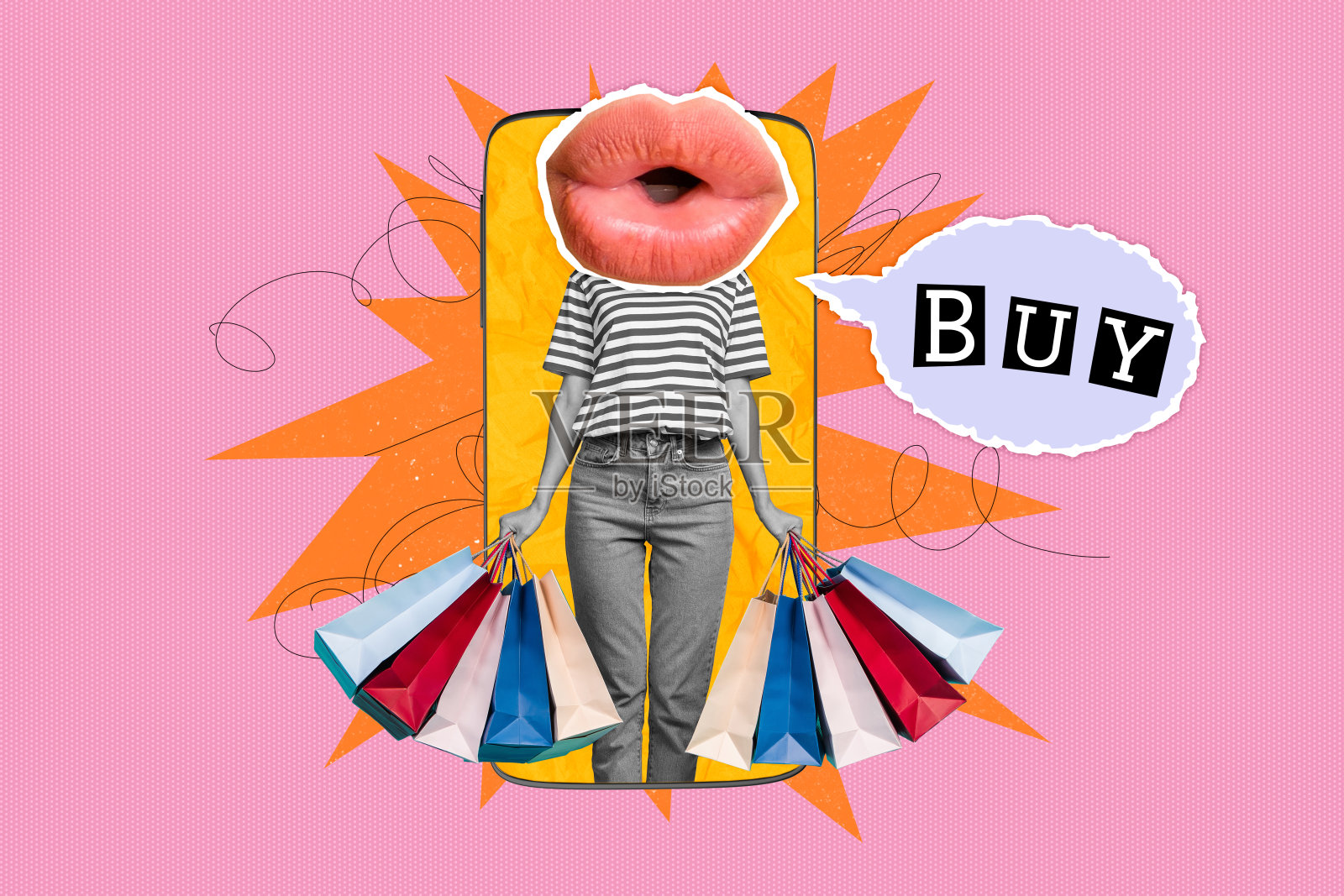 女孩的复合照片拼贴，头部替换为嘴巴，亲吻购买黑色星期五折扣的iPhone在线订单，背景为涂鸦风格。照片摄影图片