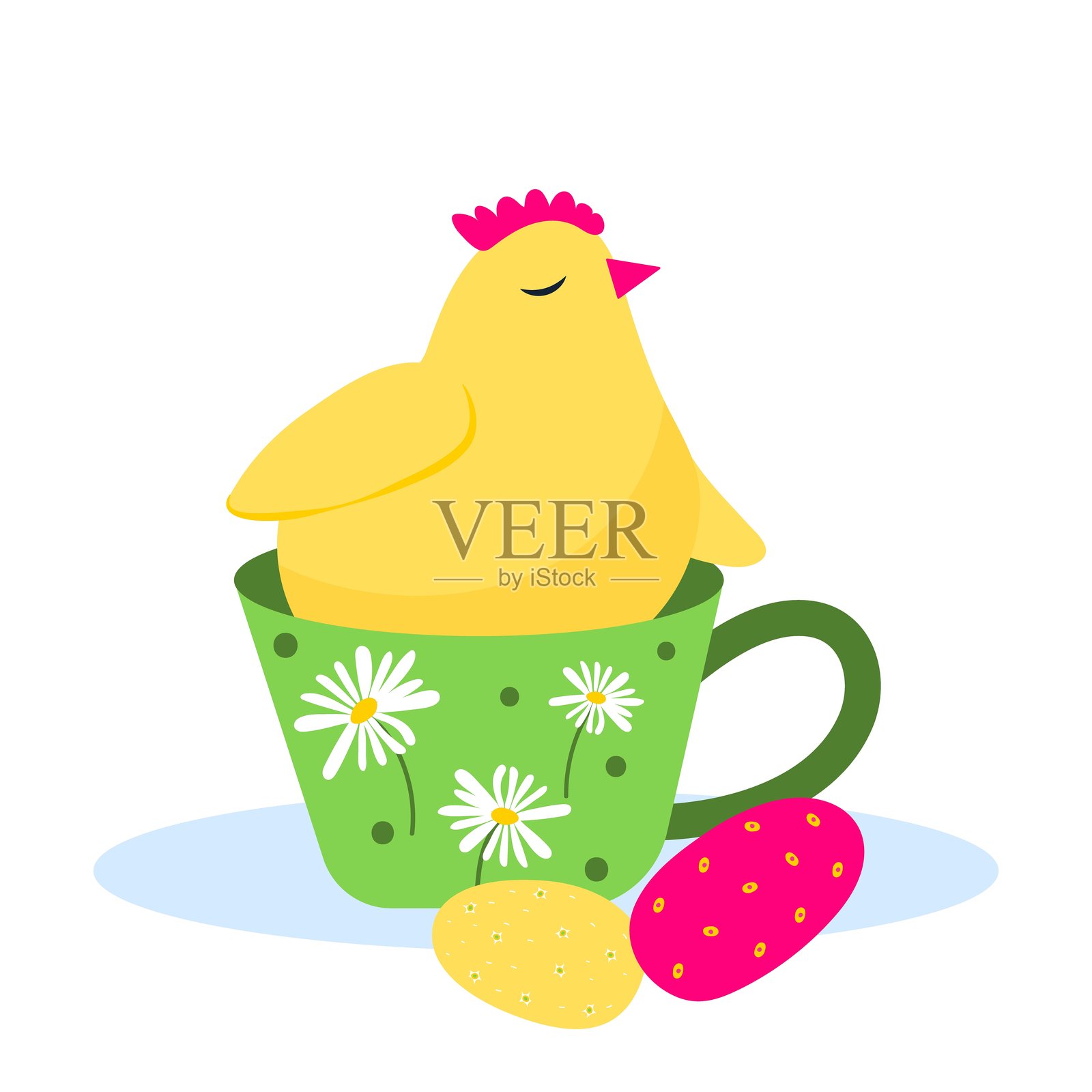 可爱的卡通小鸡角色坐在盛有洋甘菊和复活节彩蛋的杯子里插画图片素材