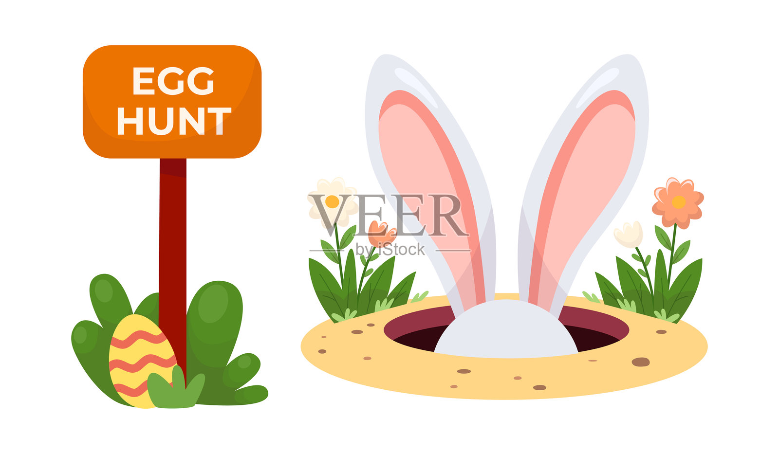 复活节彩蛋狩猎，卡通风格的兔耳朵在洞里插画图片素材