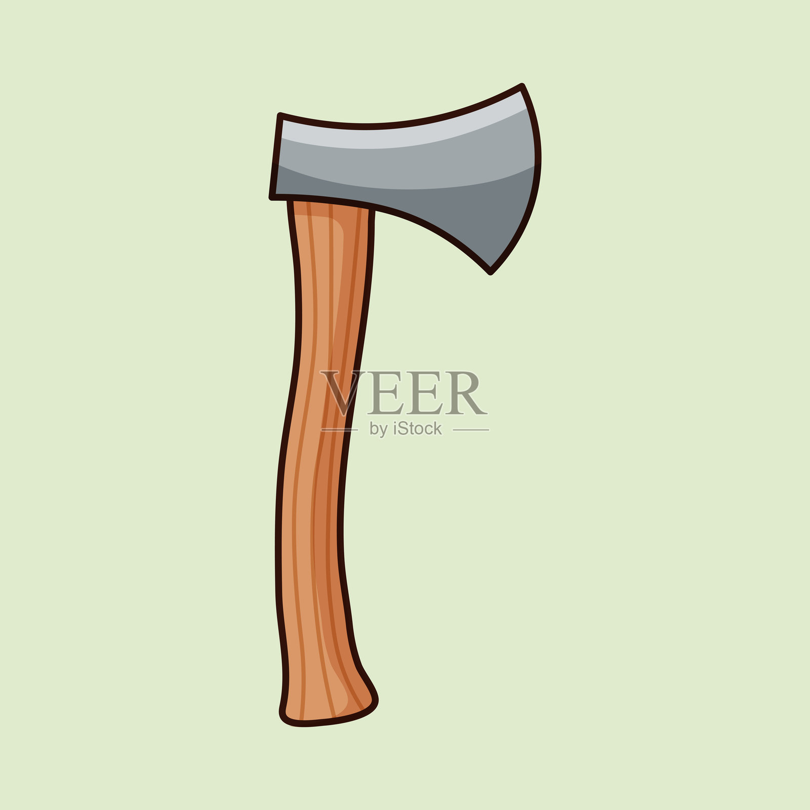 灰色斧头配棕色手柄。卡通风格的独立矢量插图，背景为绿色。插画图片素材