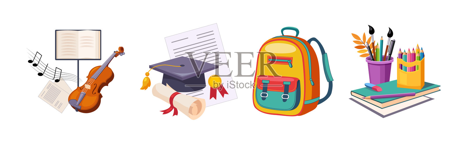 返校用品和物品组合矢量图集插画图片素材