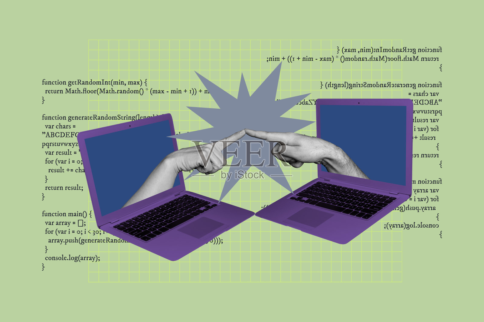 两个人的手指在一起触碰，食指相对，背景为涂鸦风格，展示了远距离关系，合成的照片拼贴，旁边有一台MacBook。照片摄影图片