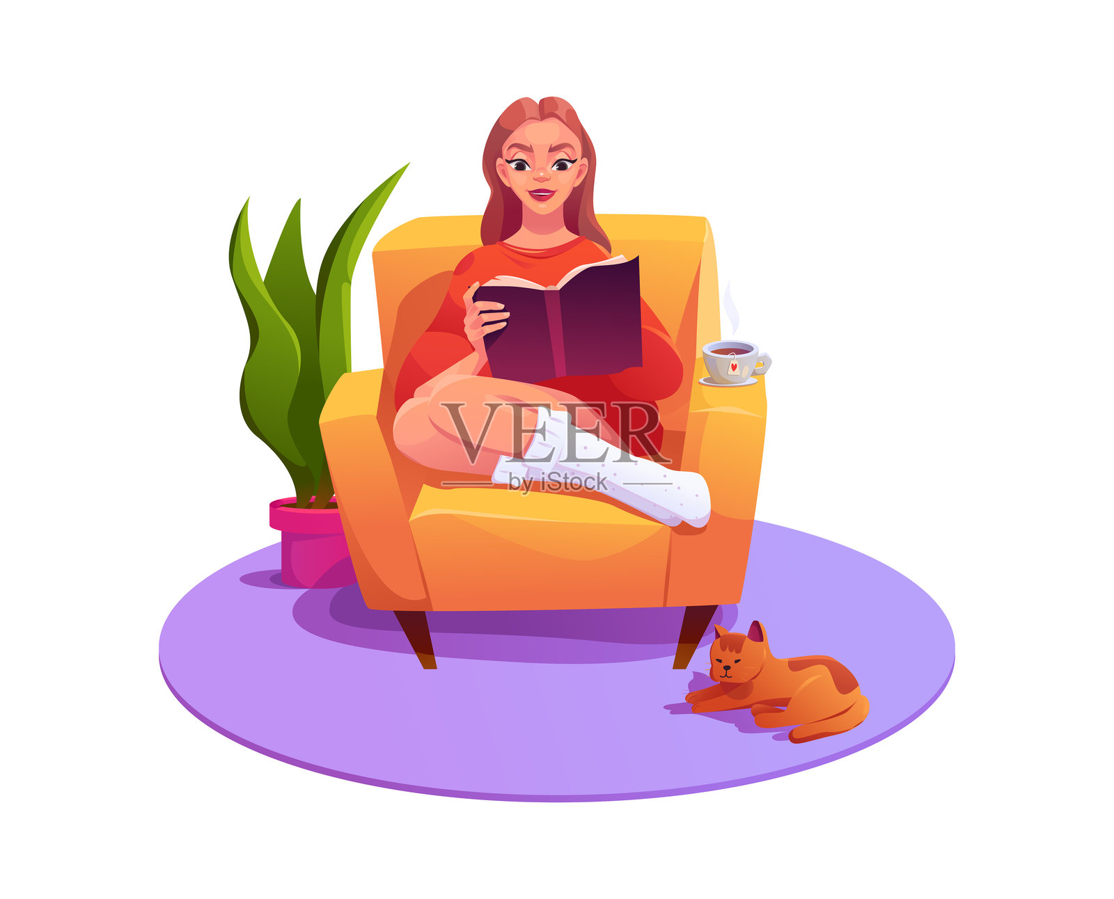 快乐的女人坐在扶手椅上喝茶，手里拿着书。阅读爱好。在家里感到舒适。可爱的卡通风格矢量插图。插画图片素材