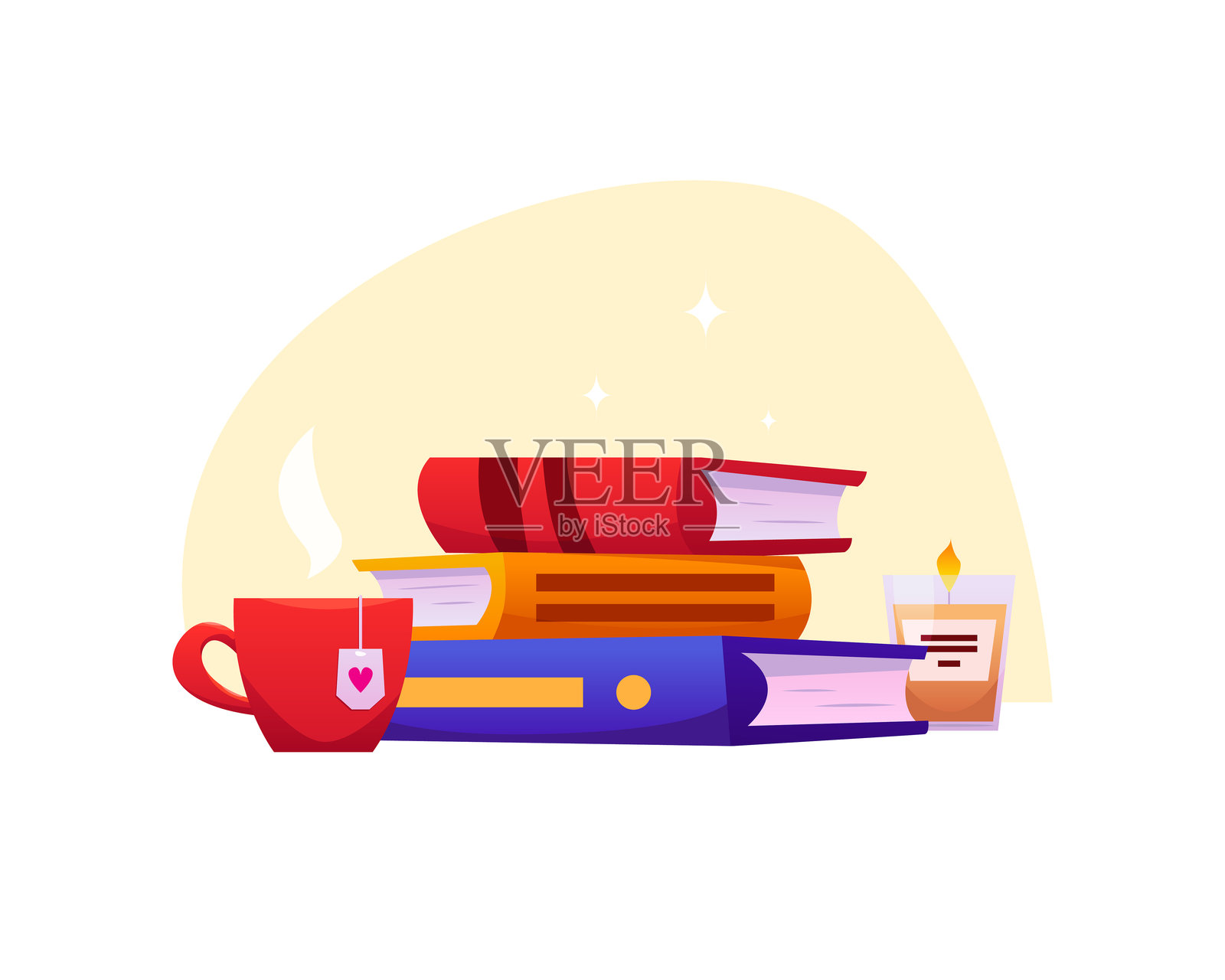 色彩丰富的构图，包含一堆书籍、一杯茶和一支蜡烛。休闲和文学阅读的概念。温馨的场景。卡通风格的矢量插图。插画图片素材