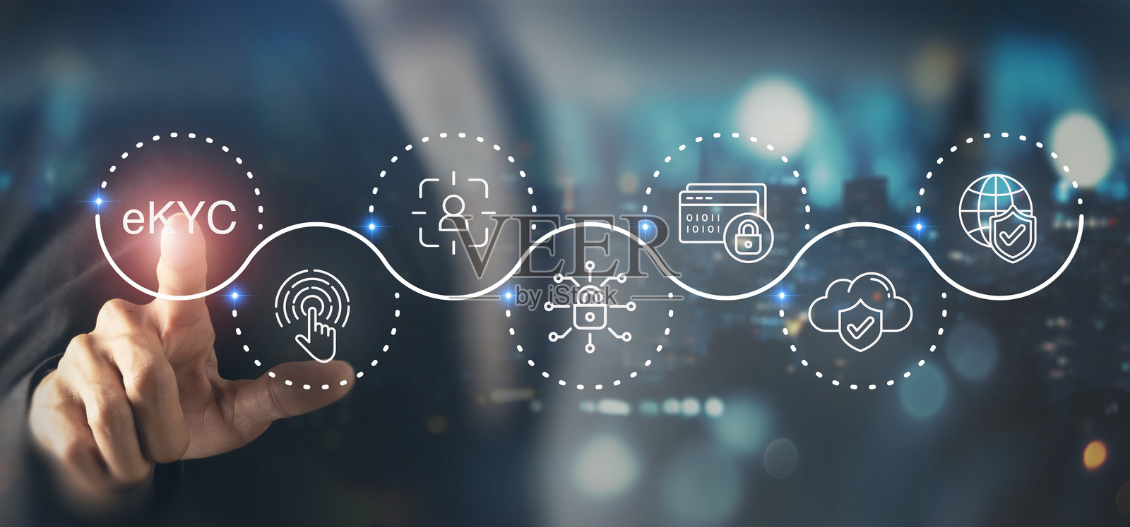 eKYC数字身份验证和安全概念。与未来数字界面互动的eKYC（电子了解您的客户）过程。生物识别认证和数据安全。照片摄影图片