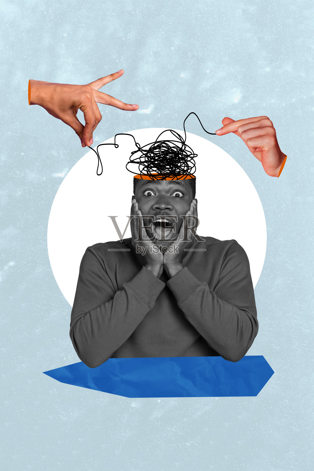 垂直拼贴画，展示人们的手臂和手指握住线条，控制着头脑，表现出惊恐和印象深刻的情绪，黑白色调，男士头部，背景为蓝色。照片摄影图片