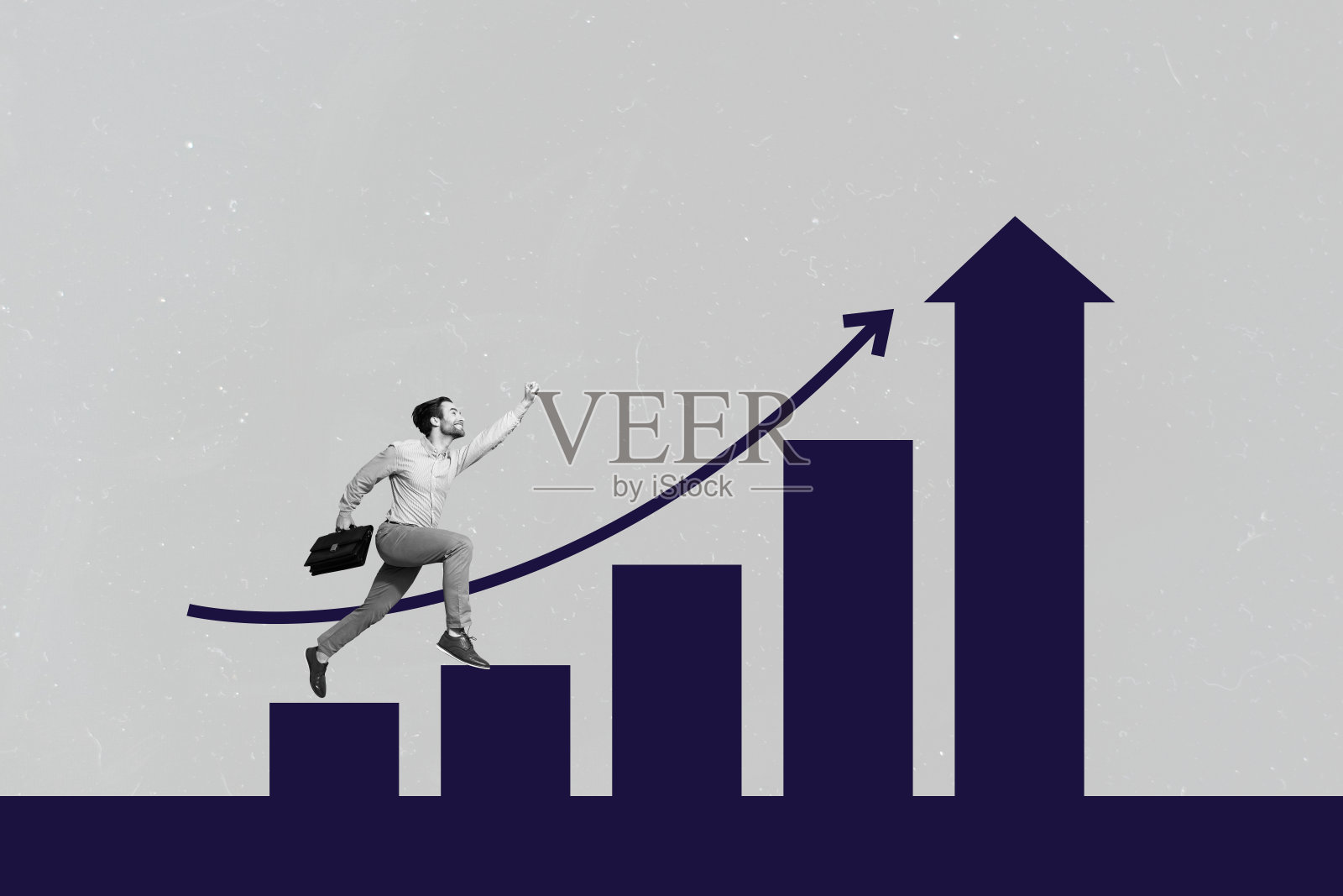 自信的男人攀登阶梯平台的复合趋势艺术草图，3D照片拼贴，象征工作晋升和成功的箭头。照片摄影图片