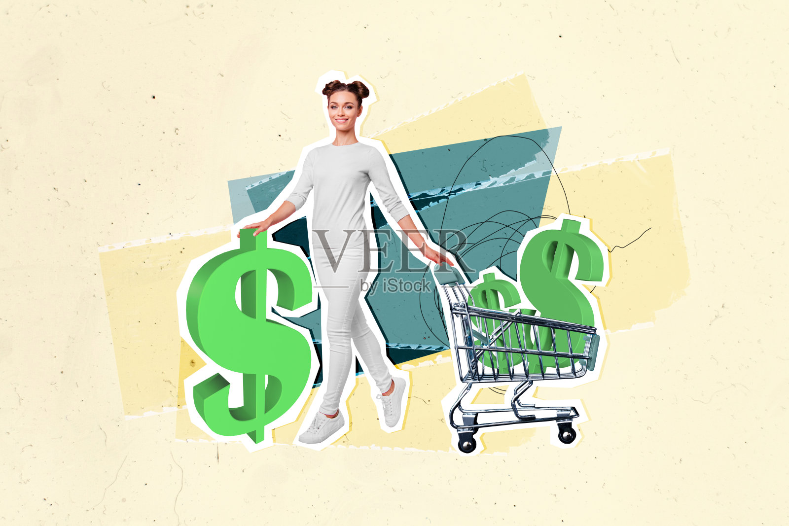 快乐顾客女孩提着购物车，手里拿着美元符号，展示收益、折扣，沉浸在购物狂欢中，背景为涂鸦风格。照片摄影图片