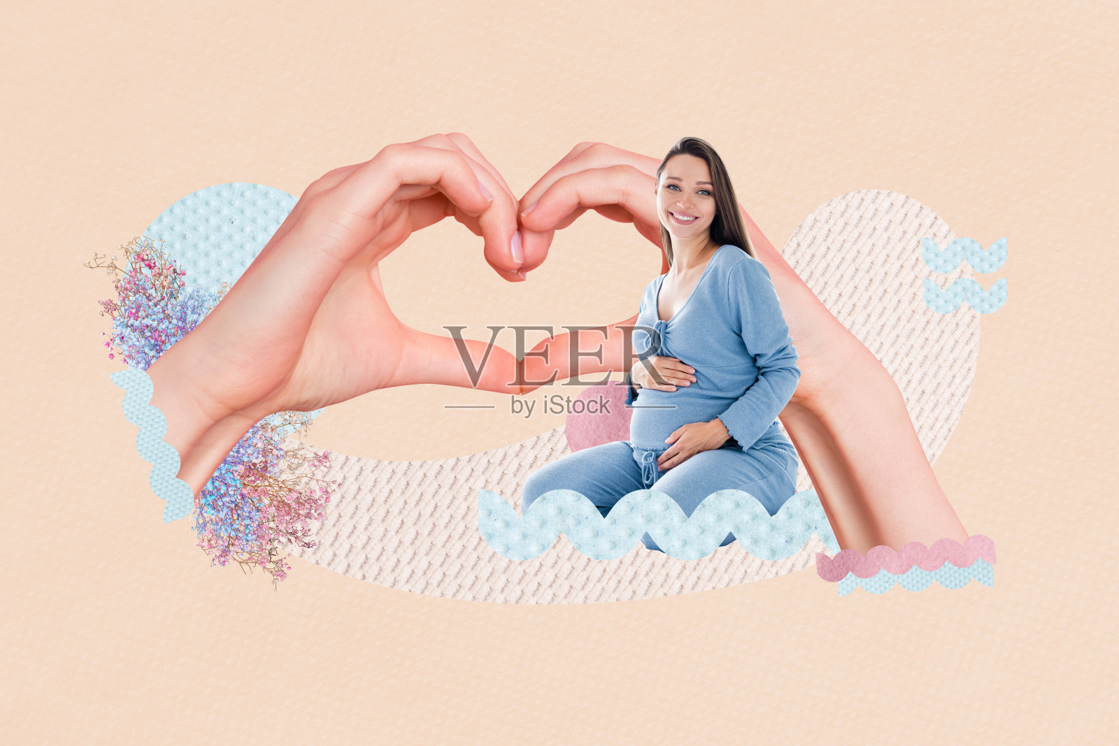 怀孕女性的手组成心形符号的复古3D拼贴图，母亲节的爱与庆祝概念，独特的幻想广告漫画照片摄影图片