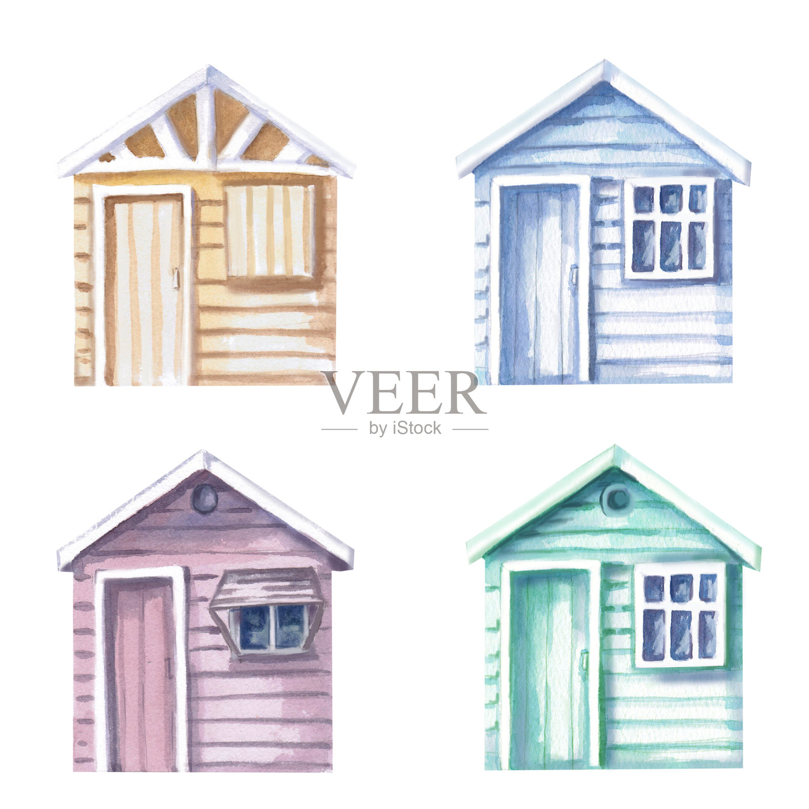 四座海滩小屋的组合。孤立的水彩插图，适用于海滩假期主题的印刷材料设计、旅游手册、布料和服装印刷。插画图片素材