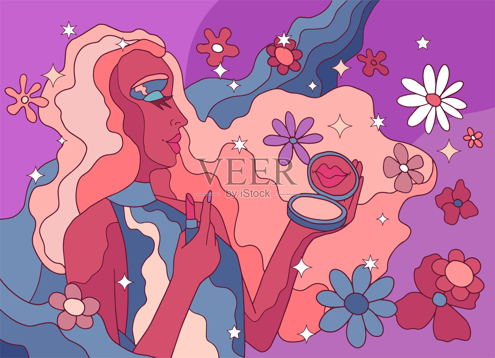 艺术迪斯科女性在充满活力的彩虹背景下涂口红插画图片素材