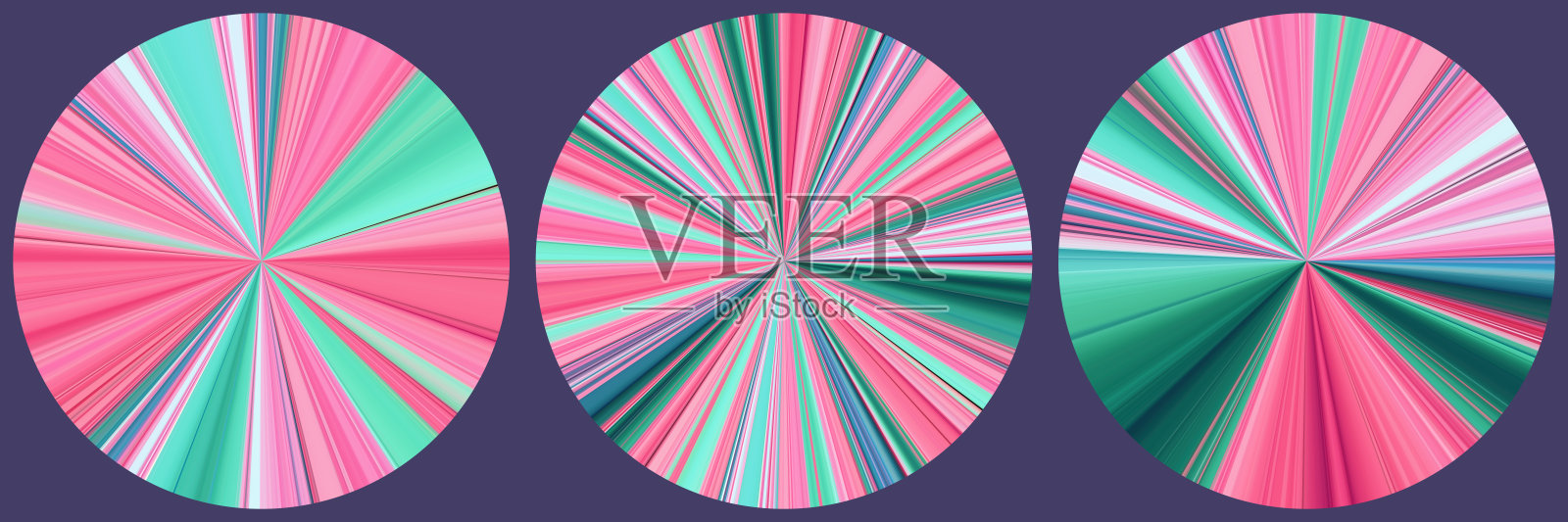 一组充满活力的圆形图案，具有独特的极坐标爆炸效果和柔和或尖锐的对比混合。未来感的放射状色彩爆炸，展现生动的动态运动。矢量插图插画图片素材