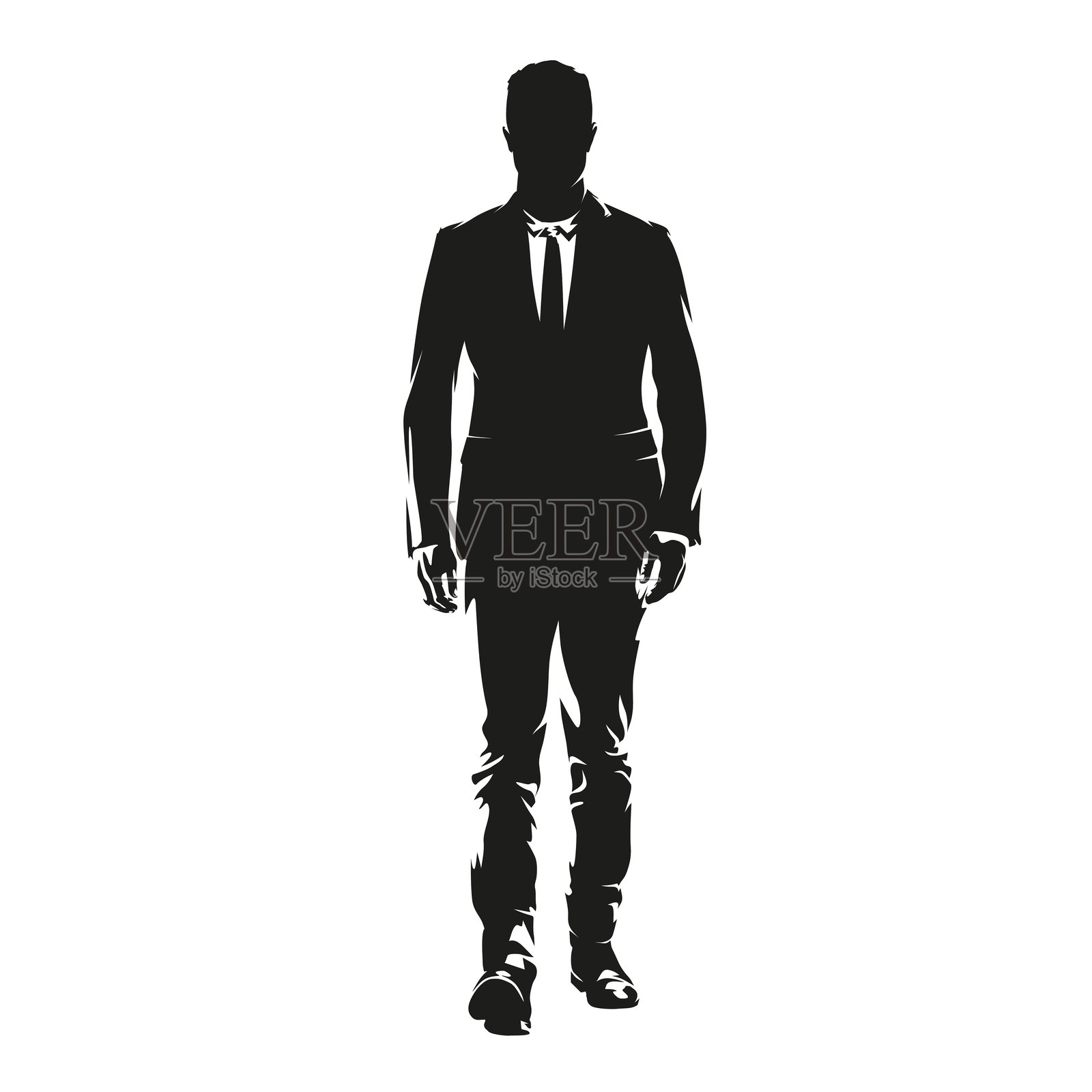 商务人士行走，高对比度绘图，孤立的矢量轮廓，穿西装的商人，正面视图插画图片素材