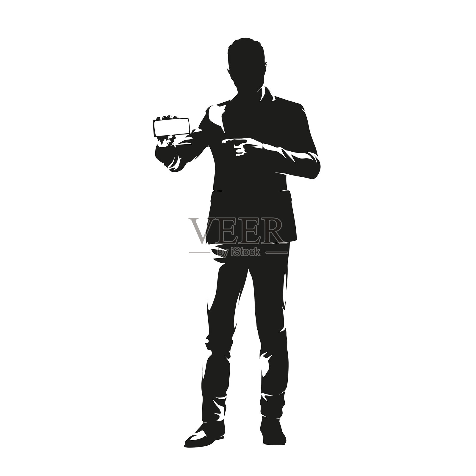 展示手机的商人，高对比度孤立矢量轮廓。商人剪贴画插画图片素材