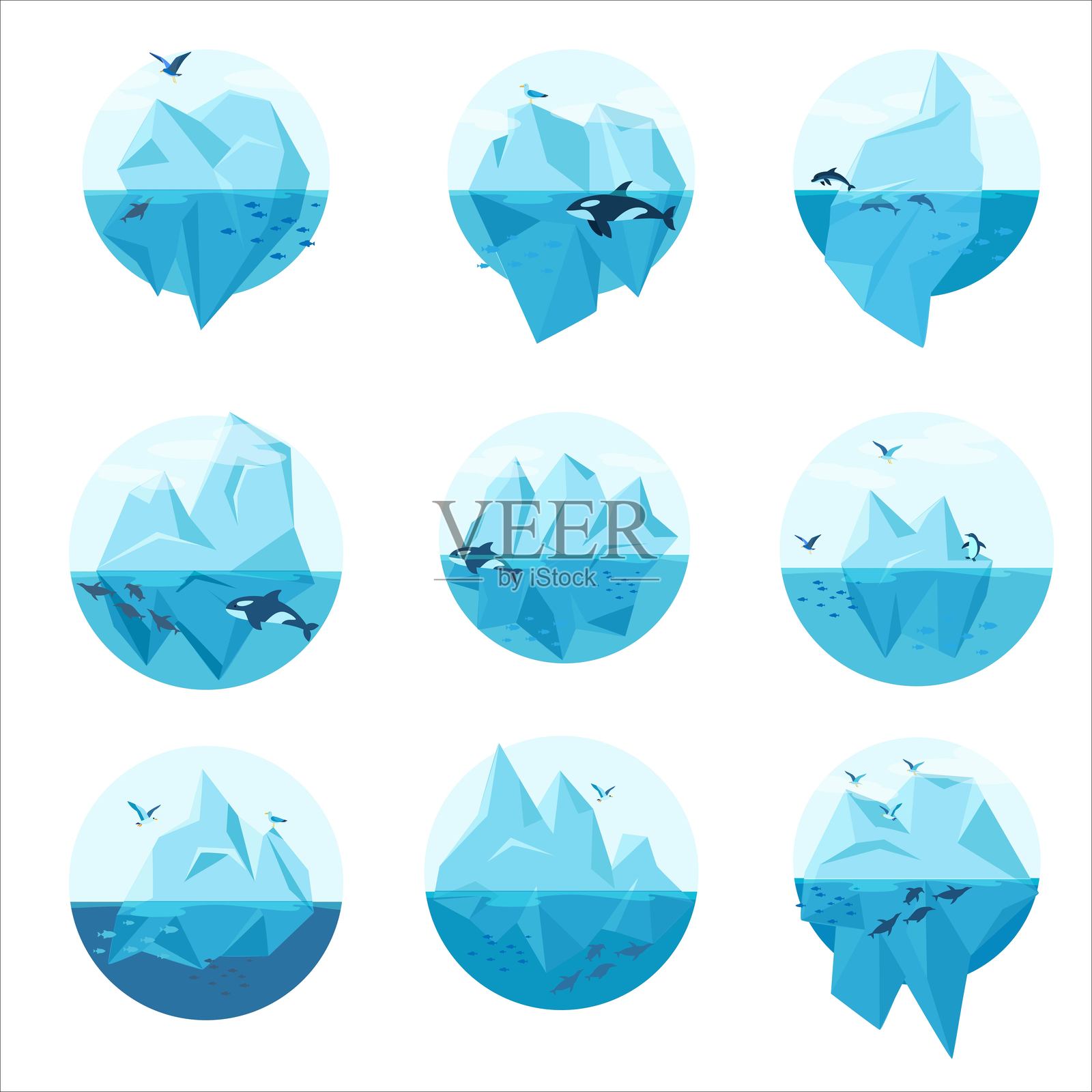 冰山组合。冰。虎鲸，企鹅。鱼。海洋动物。冰冷的海洋。北极。冰川。南极洲。白色背景上的多边形插图。矢量图。插画图片素材