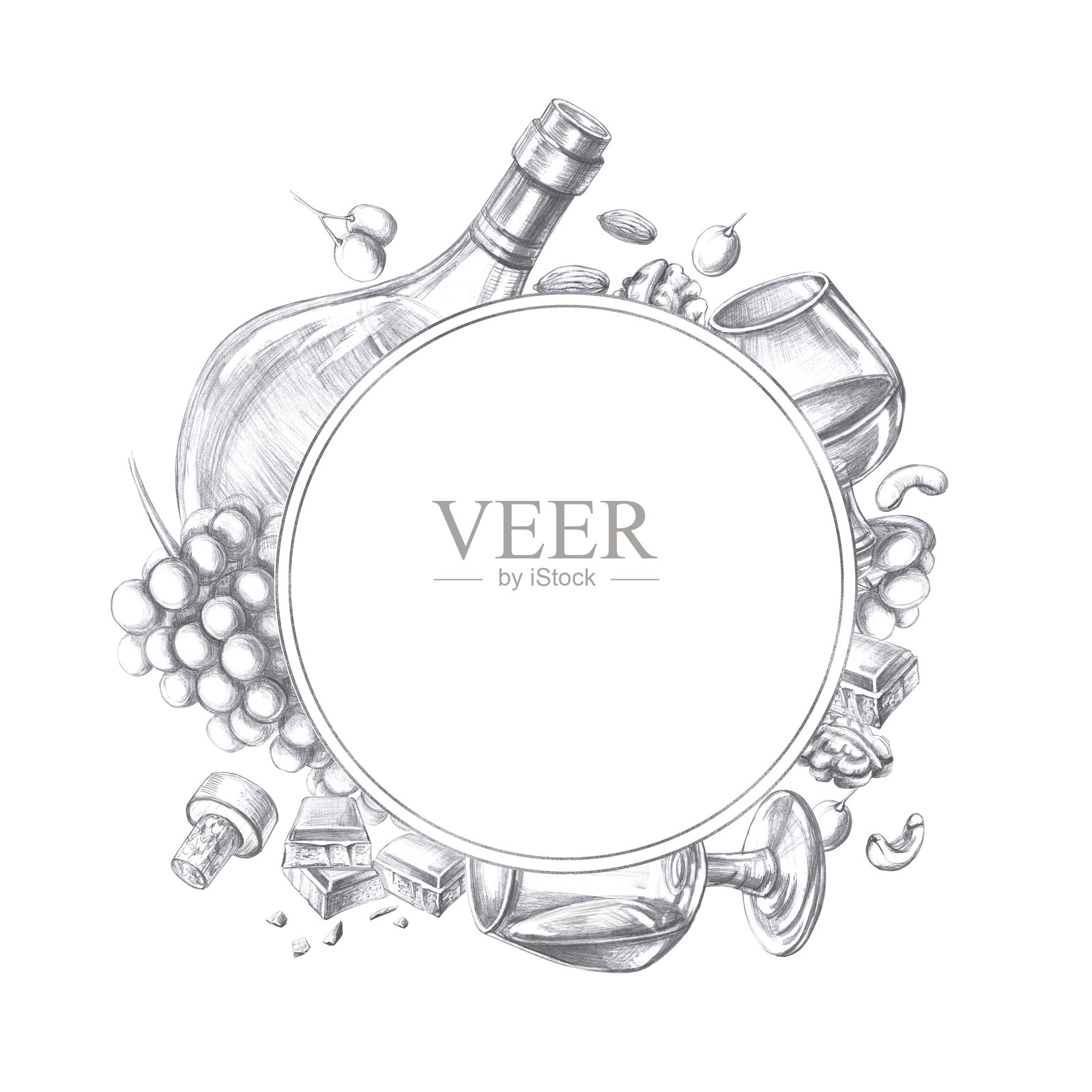 圆形框架内有干邑、坚果、葡萄和酒杯。适用于海报、广告海报、餐厅菜单和酒吧卡片设计、瓶子标签的孤立铅笔插图。插画图片素材