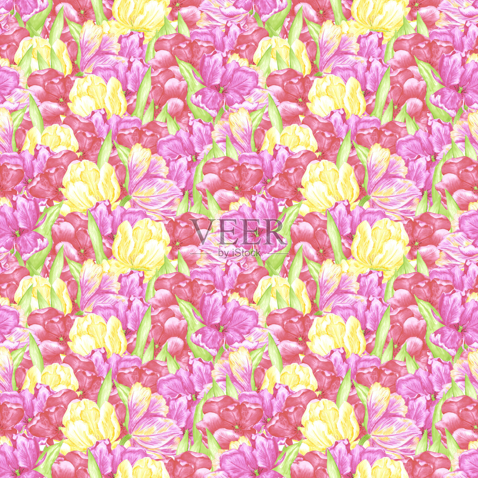 手绘水彩色彩斑斓的郁金香与绿色叶子的无缝图案。可用于纺织品、面料、包装和其他印刷产品。插画图片素材