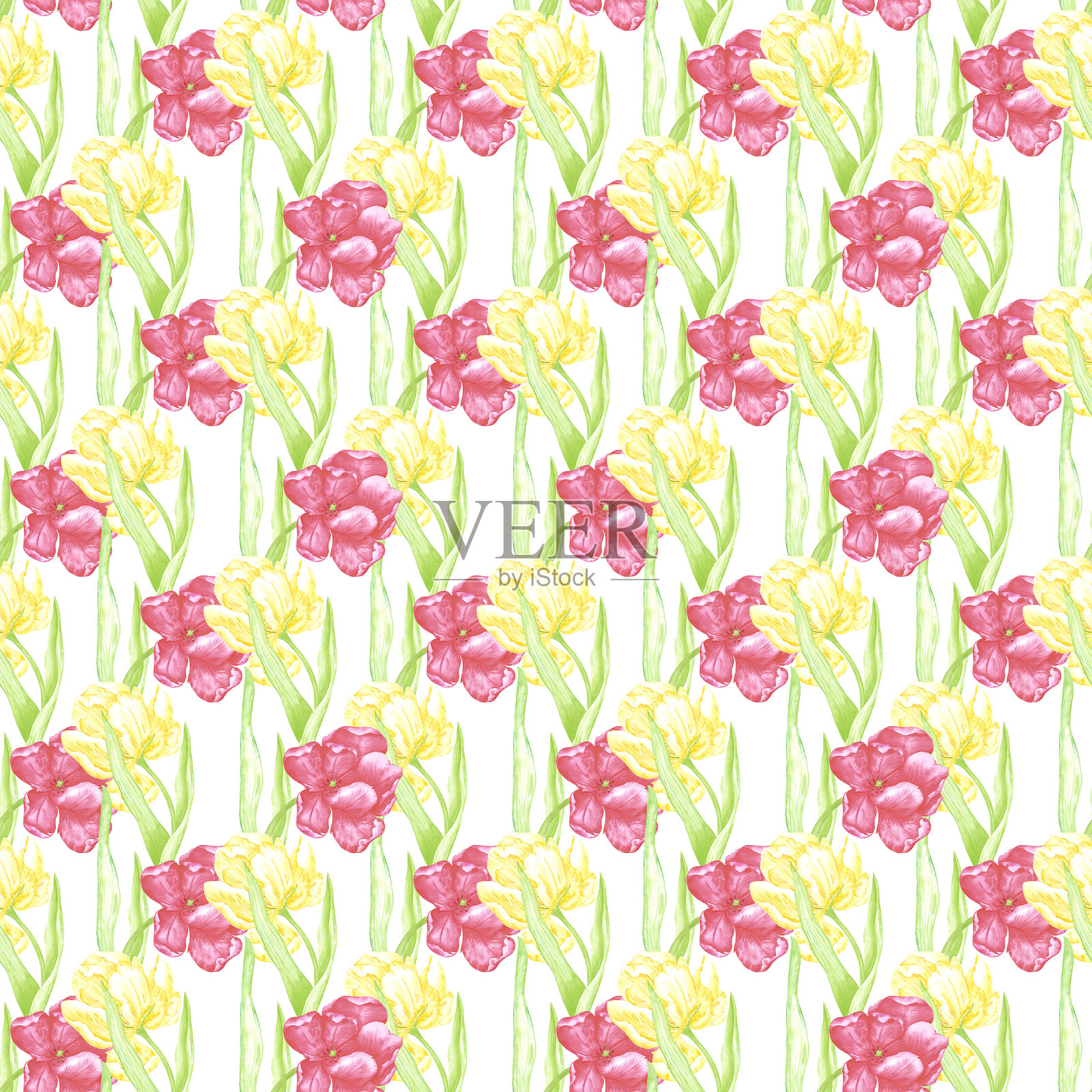 手绘水彩红色和黄色郁金香与绿色叶子的无缝图案。插图独立于白色背景。可用于纺织品、面料、包装和其他印刷产品。插画图片素材