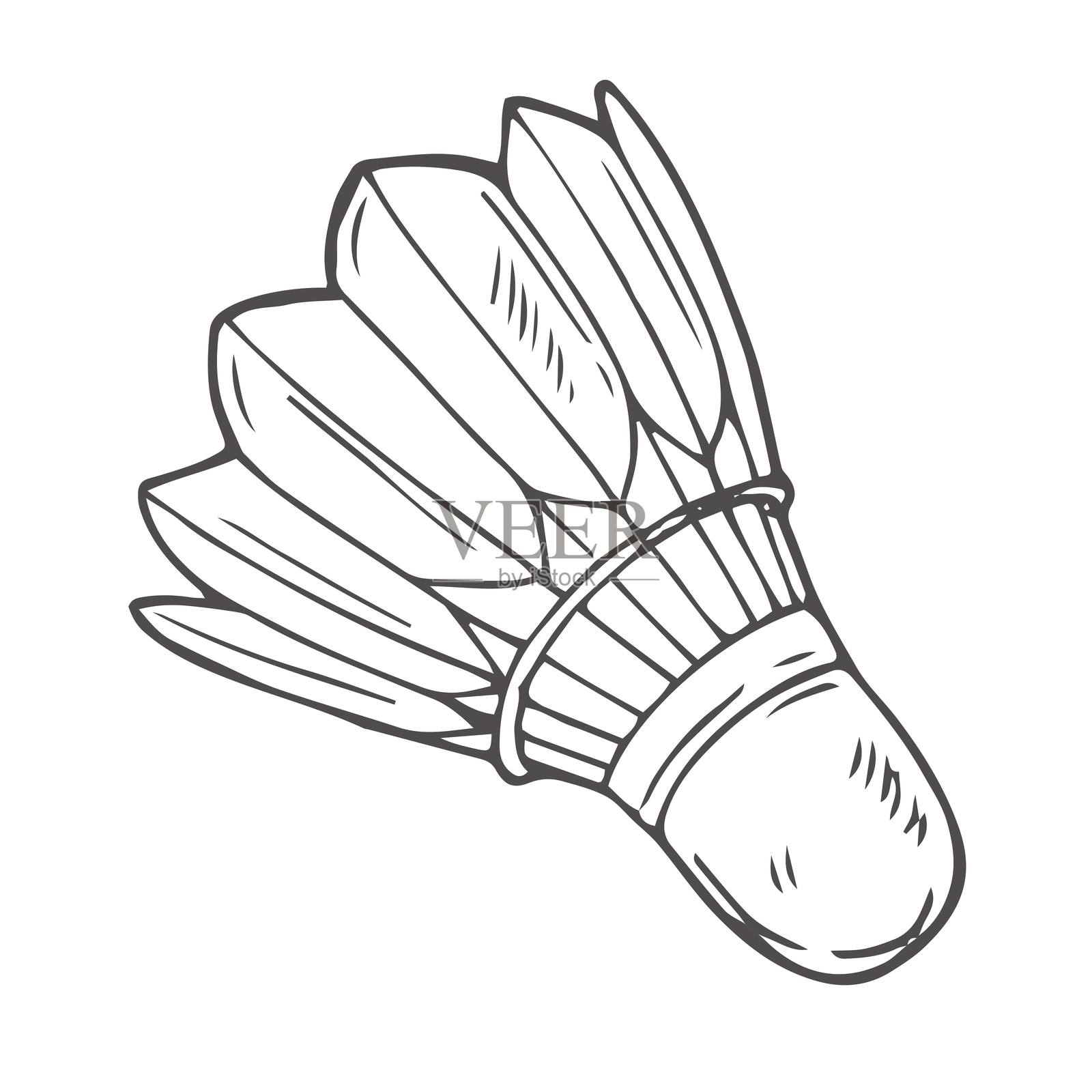 羽毛球符号，羽毛球器材，白色背景上的矢量轮廓剪影插图，eps插画图片素材