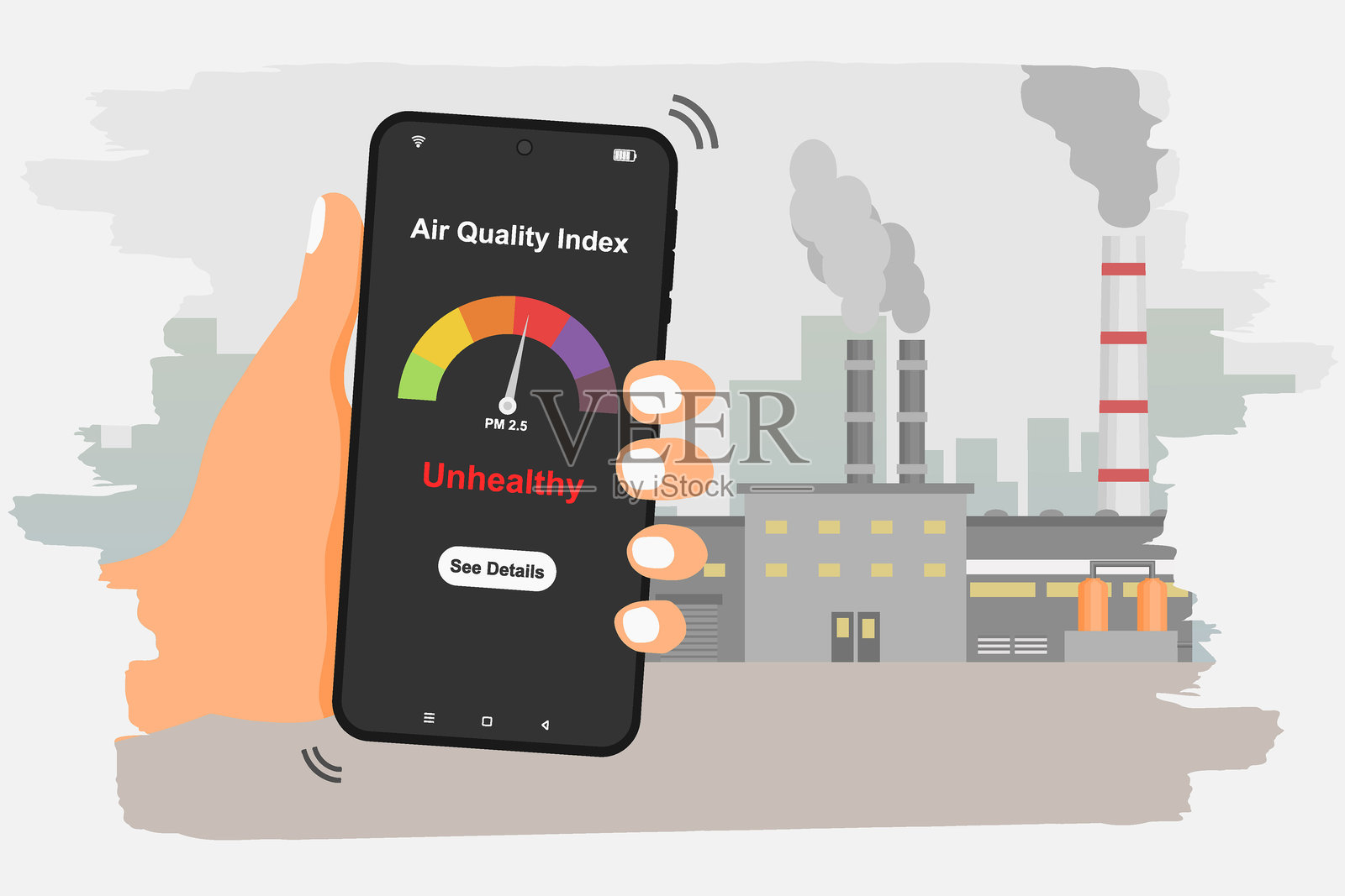 手握智能手机查看空气质量指数，背景是工业工厂的污染。矢量插图。插画图片素材