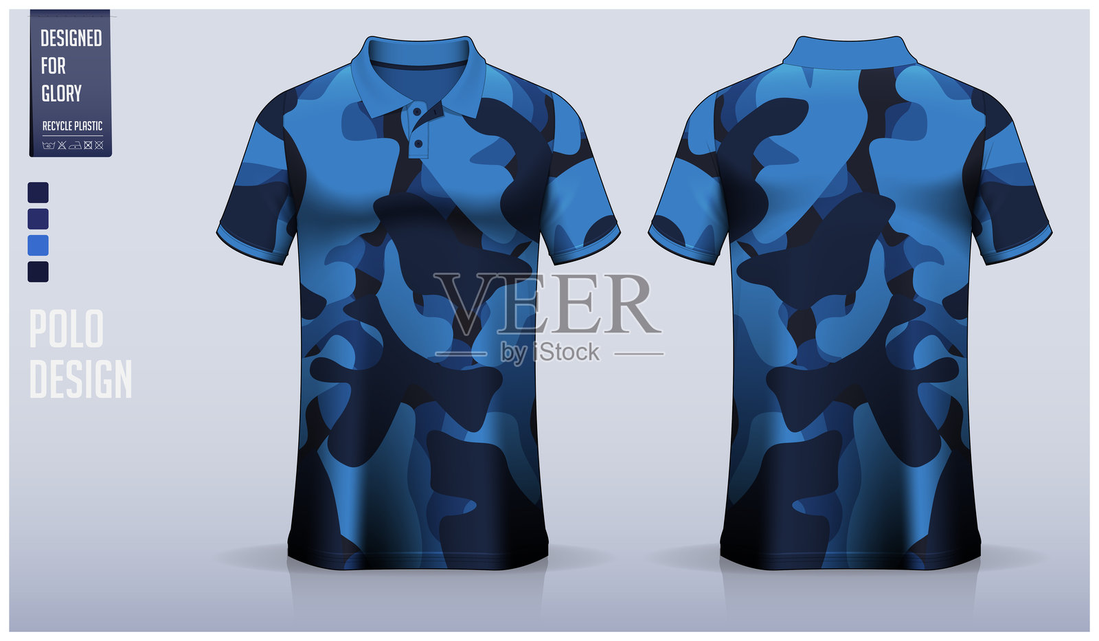 足球衫的Polo衫模型模板设计，适用于足球球衣、运动服或运动装备。运动制服的正面和背面视图。运动俱乐部的T恤模型。面料图案。插画图片素材
