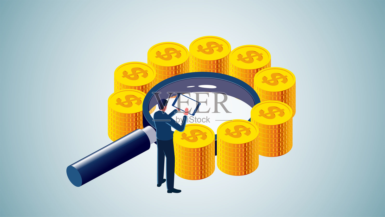 金融投资或金融分析，财富管理，等距金币环绕放大镜插画图片素材