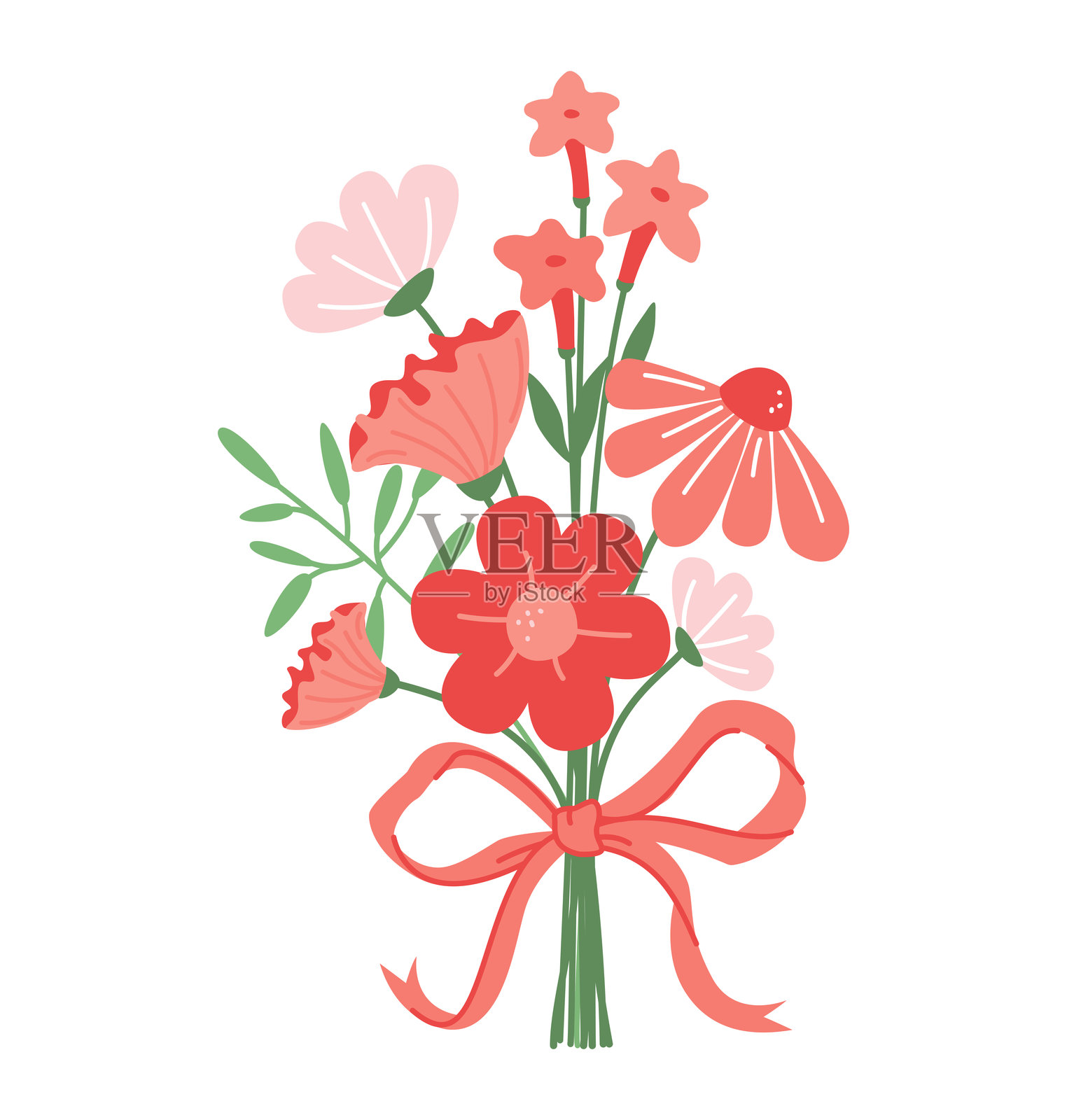 花园盛开的花朵、花束和蝴蝶结插画图片素材