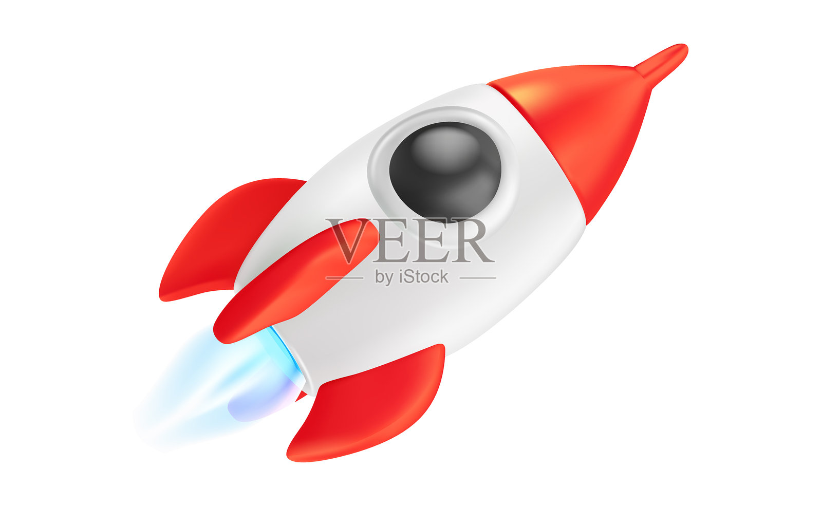 红色宇宙飞船的逼真矢量插图，带有火焰，背景为白色。3D卡通风格的红色玩具火箭发射概念设计。航天飞机起飞图标，商业创业飞船飞向天空的象征。插画图片素材