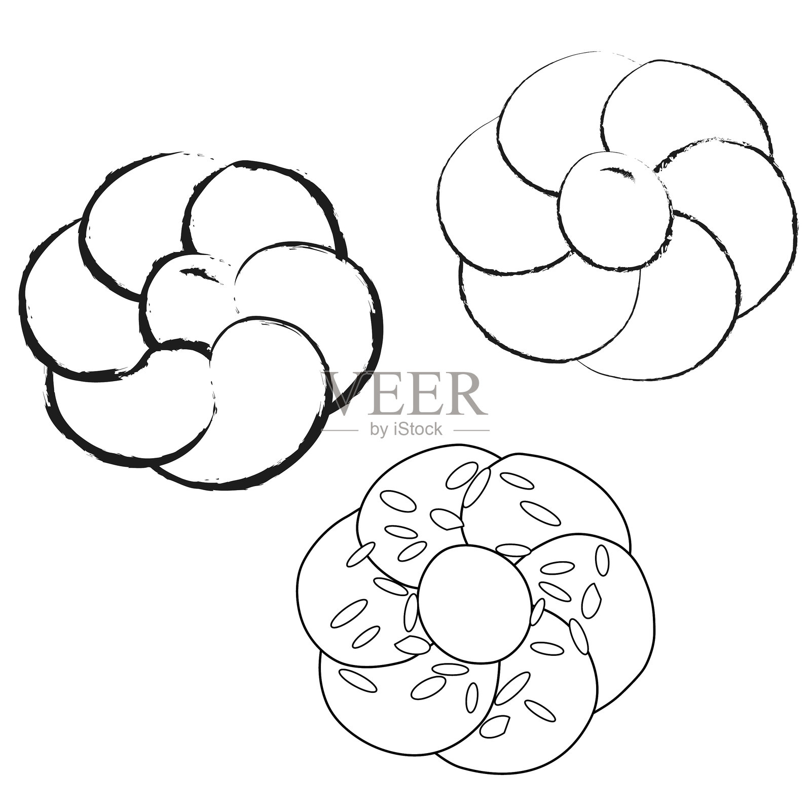 一组手工制作的希腊甜面包（Tsoureki）。黑色轮廓的矢量插图，背景为白色。插画图片素材