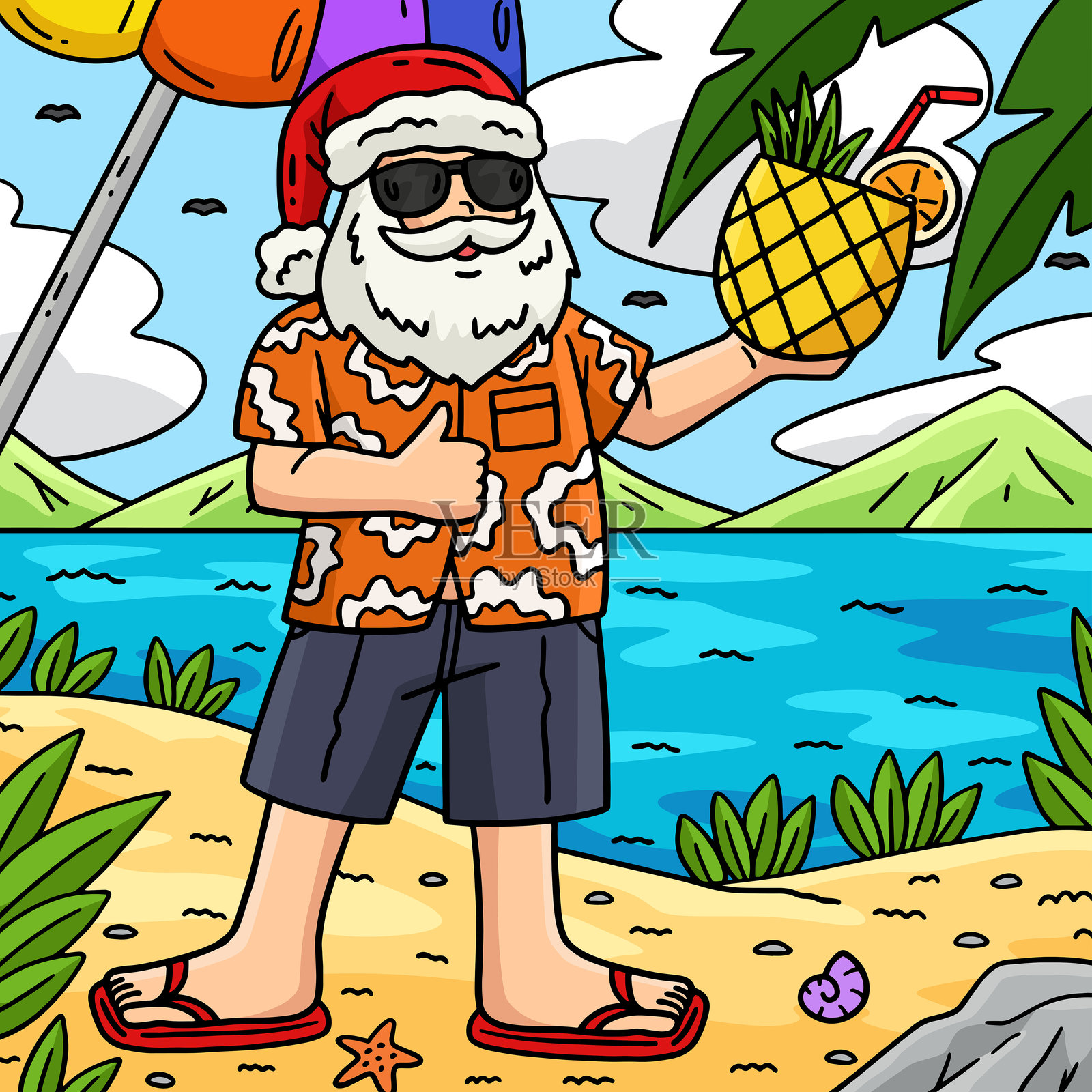 七月的圣诞节，穿着阿罗哈衬衫的圣诞老人插画图片素材