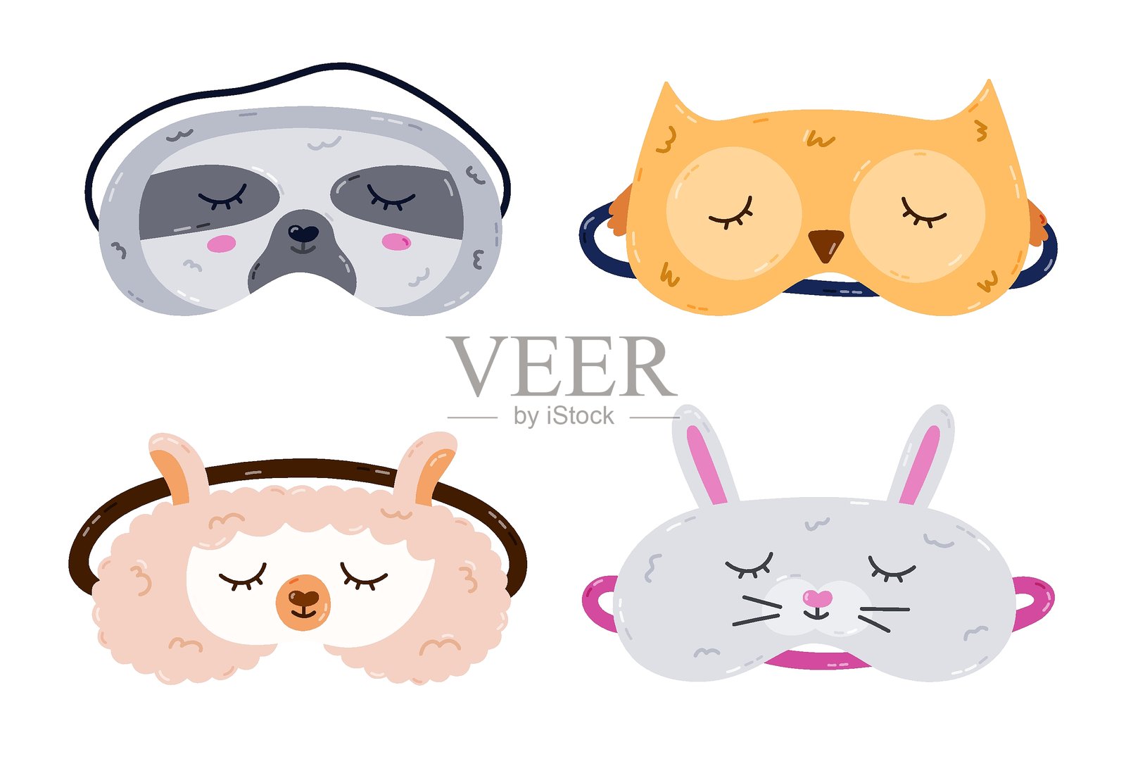 儿童卡通动物睡眠面具套装，形状为树懒、猫头鹰、羊驼和兔子头。搞笑的儿童眼罩系列，带有宠物头部。手绘的甜美梦境配饰，背景独立。插画图片素材