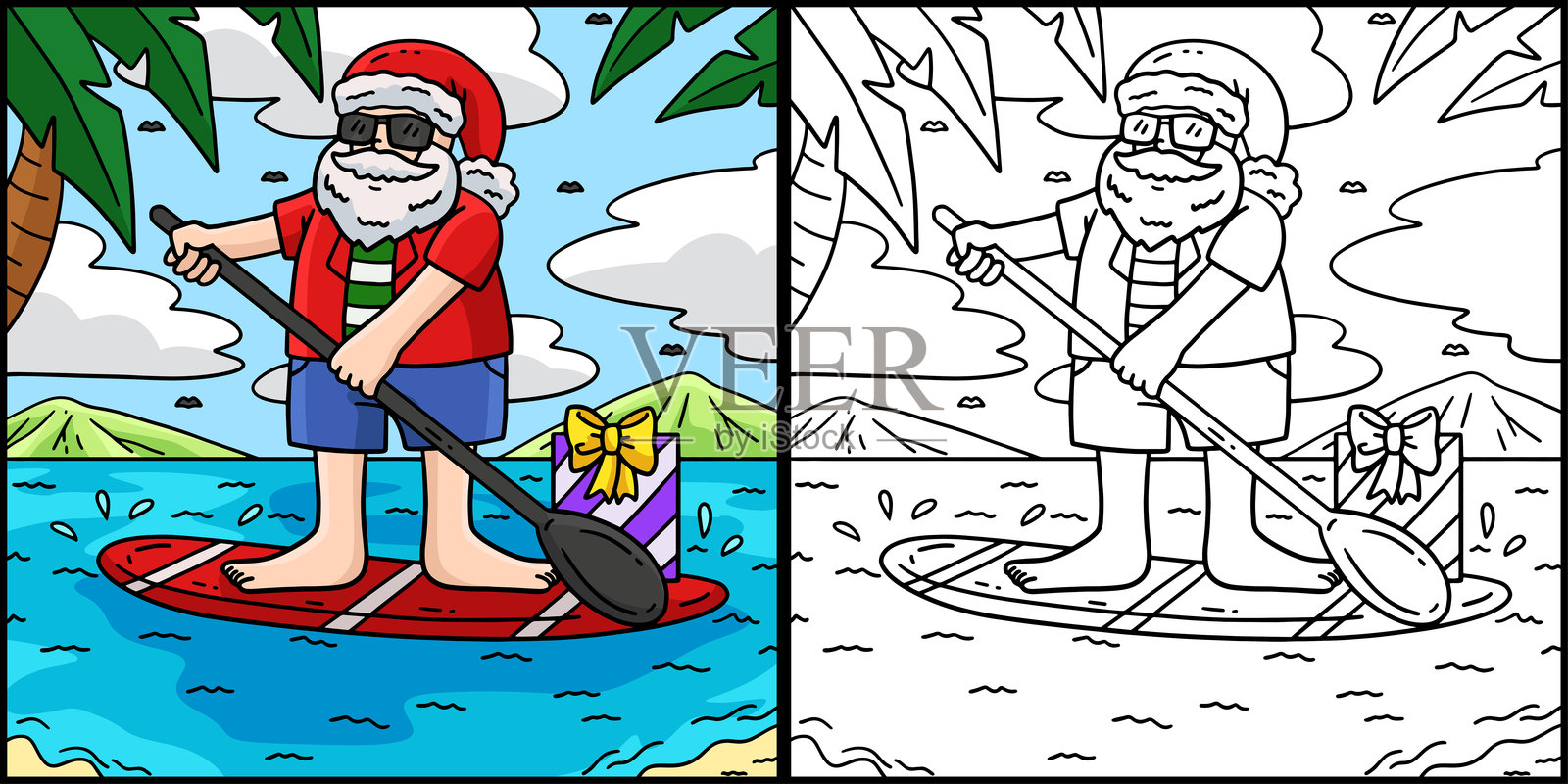 七月的圣诞节，圣诞老人划桨板插画图片素材