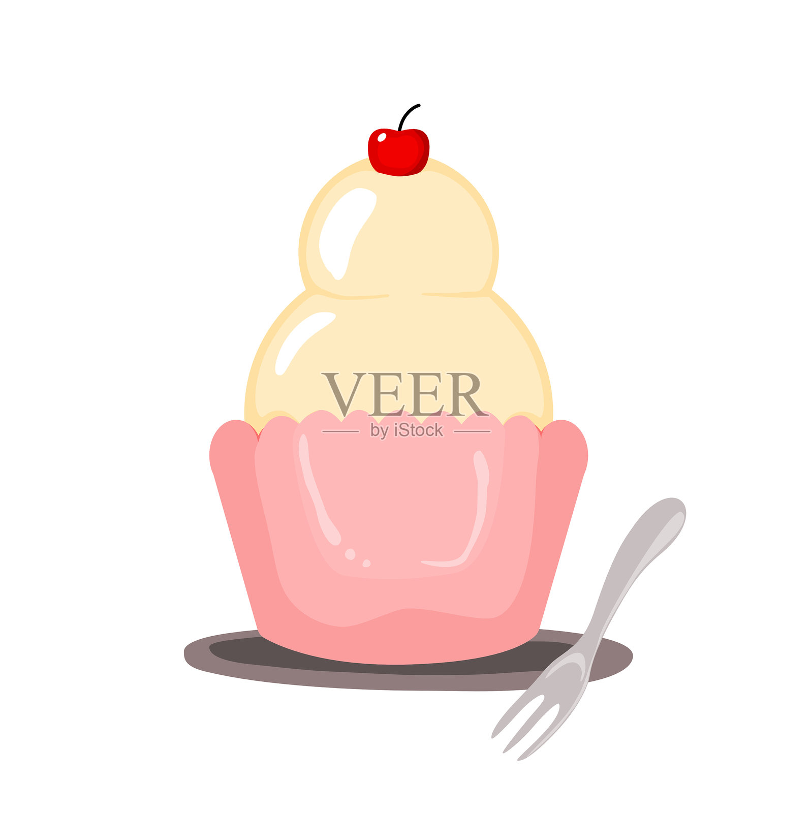 极简风格的矢量杯子蛋糕，上面有香草冰淇淋和樱桃。插画图片素材