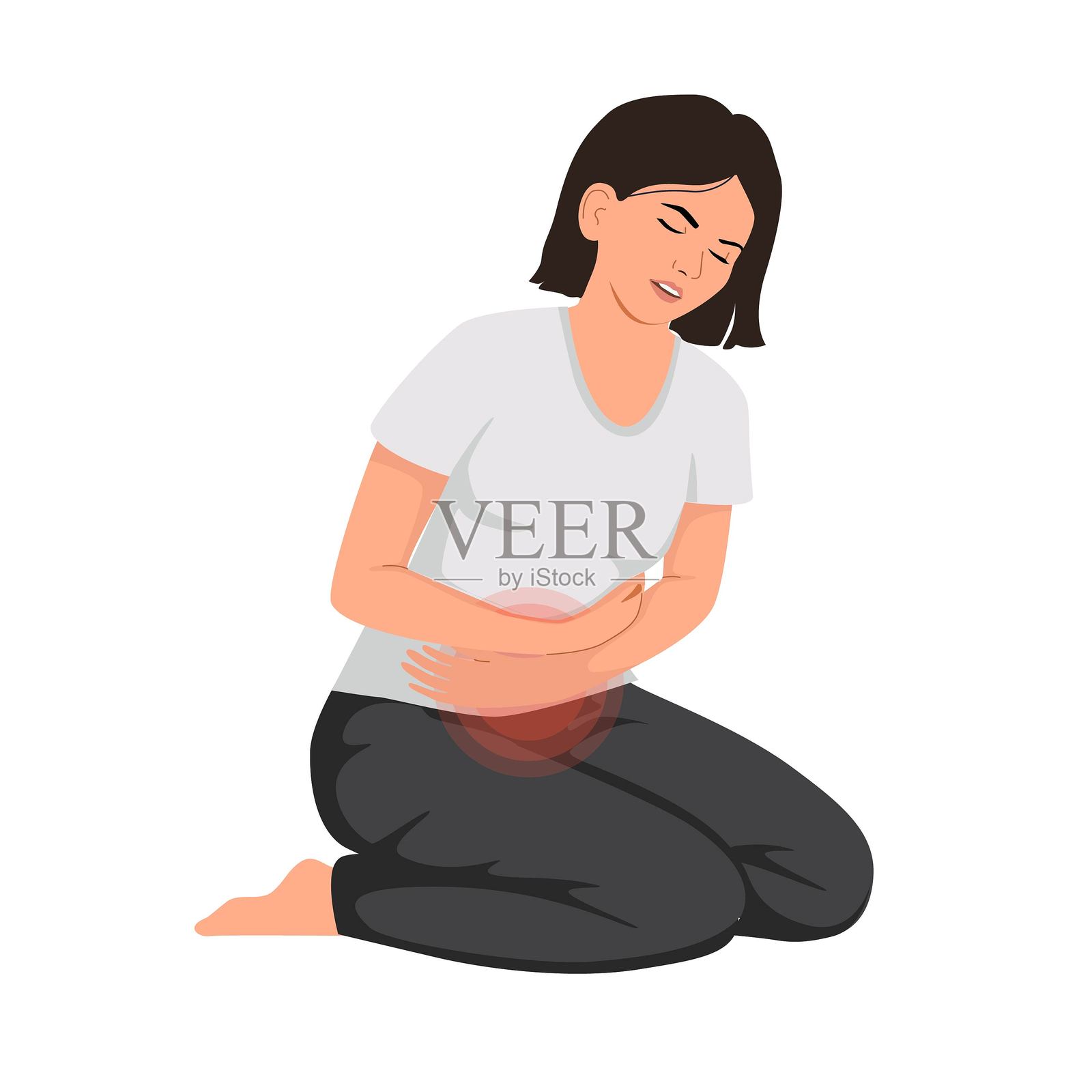 白色背景上孤立的女孩腹痛，矢量插图。痛经、腹部绞痛、附件炎、子宫、卵巢炎症。插画图片素材