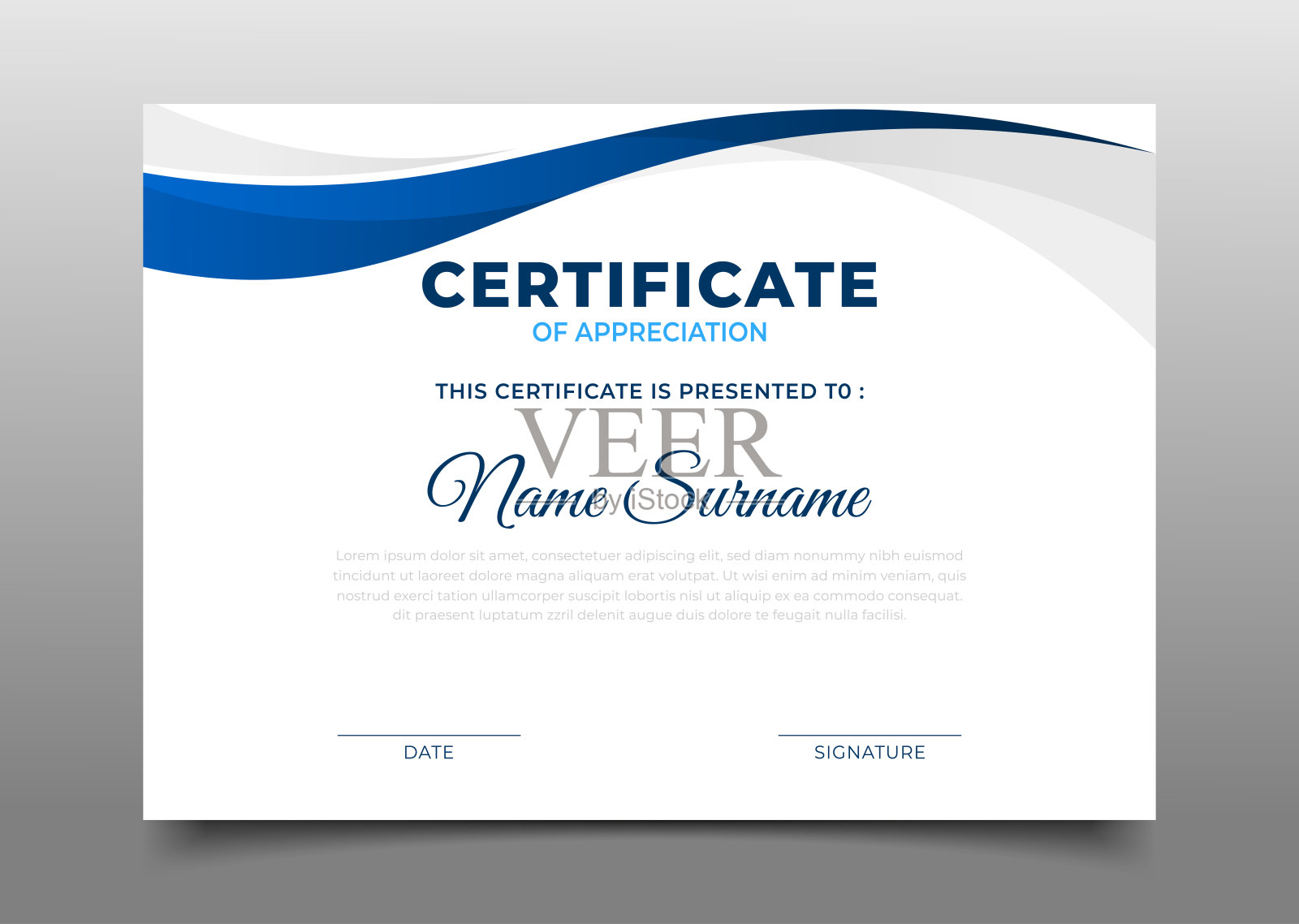 现代蓝色商业证书模板，几何波浪设计插画图片素材