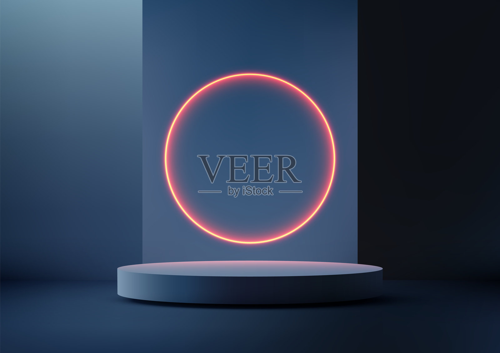 发光的橙色圆圈在3D灰色平台上，深蓝色背景，极简现代科技概念插画图片素材