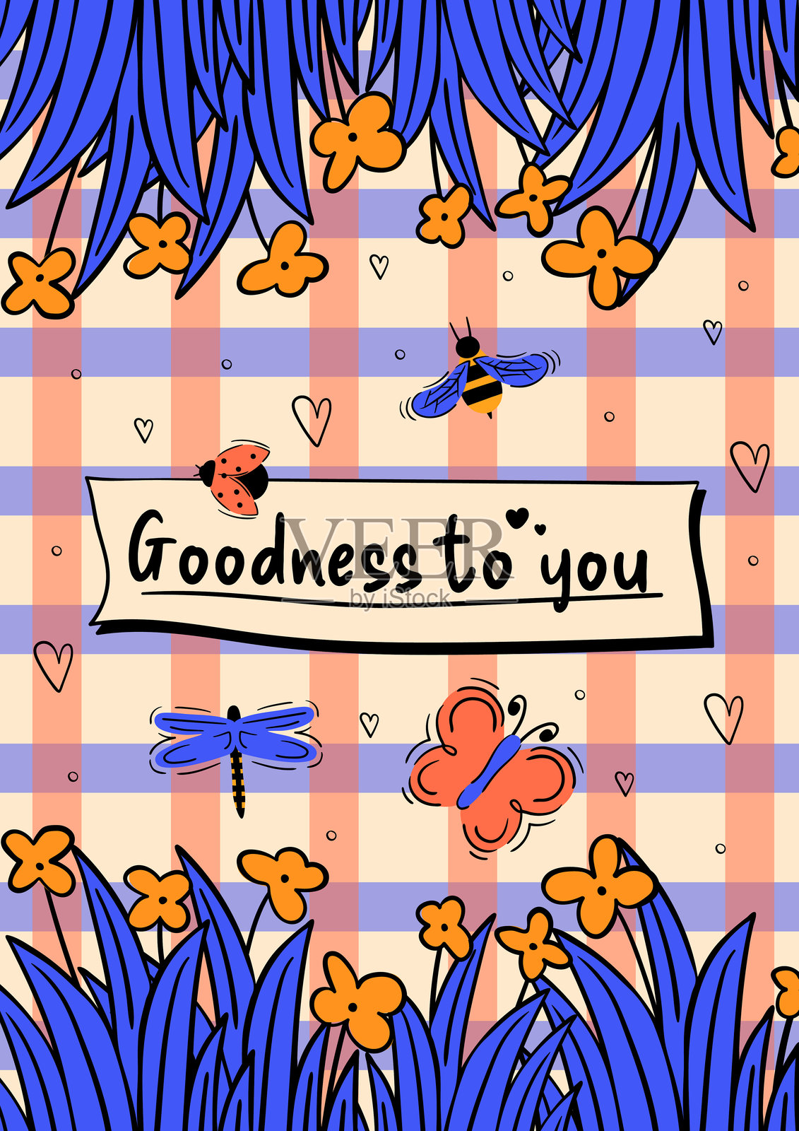 春季涂鸦风格海报，带有字母。包含花卉和昆虫的贺卡。用于横幅、帖子和广告的矢量模板。插画图片素材