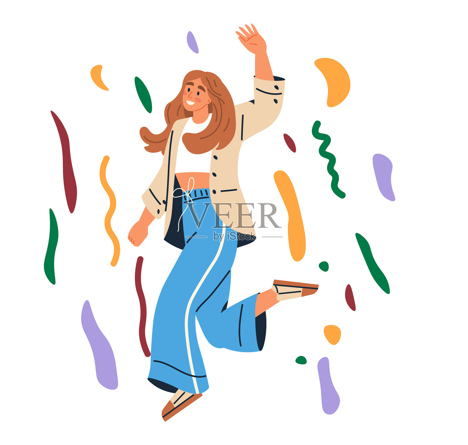 快乐的女性与五彩缤纷的彩带庆祝插画图片素材