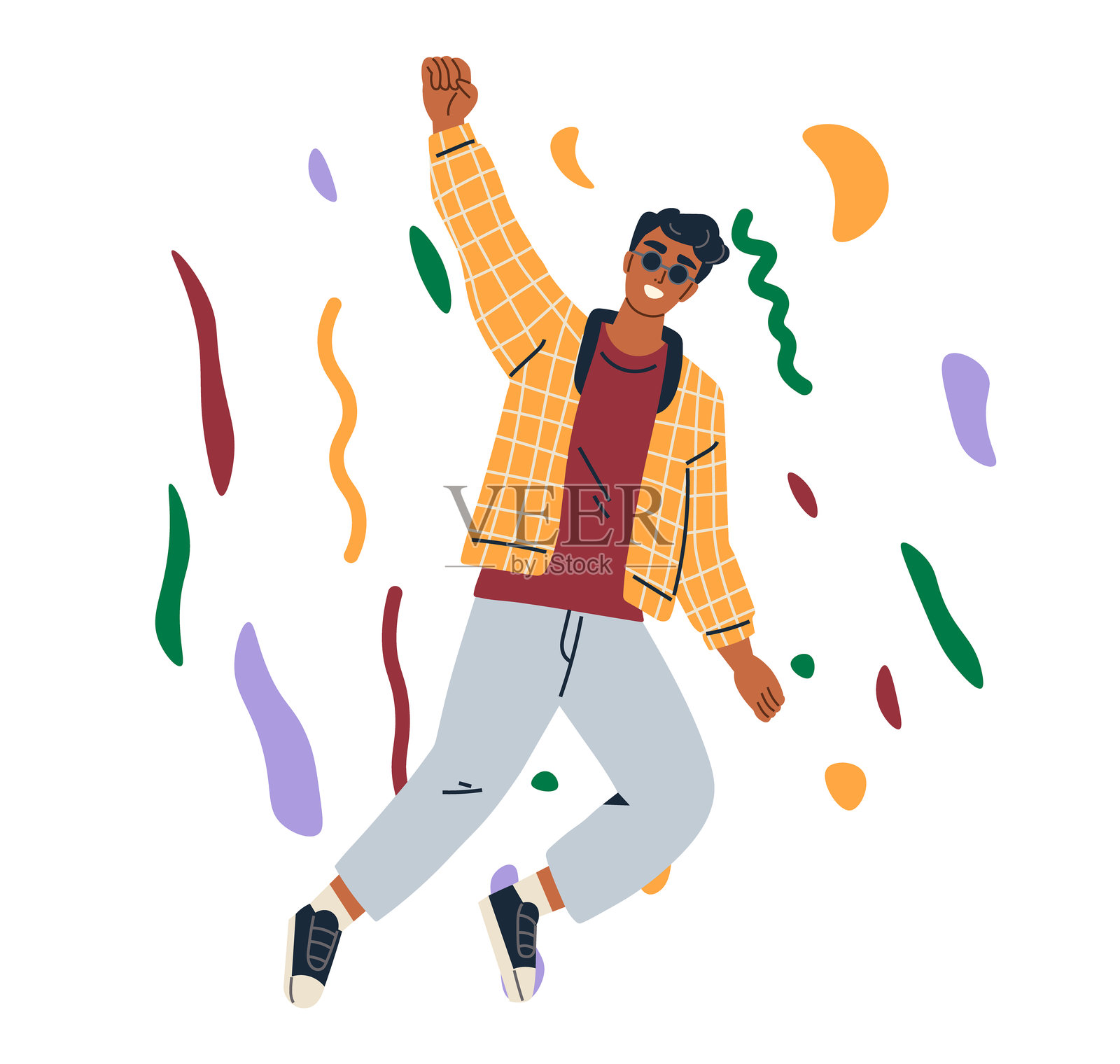 年轻男子在五彩缤纷的彩带中庆祝，挥舞着拳头插画图片素材