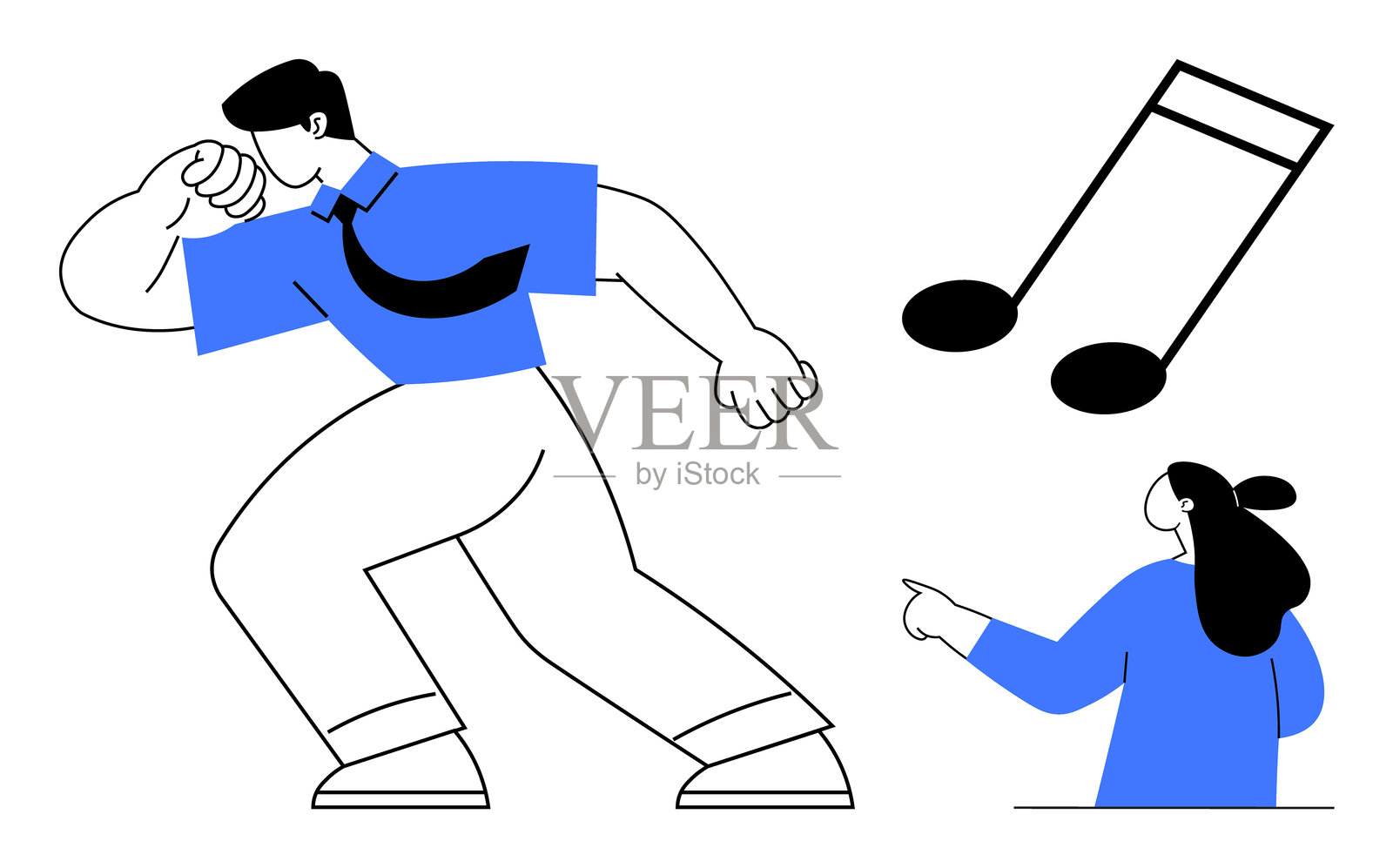 现代办公室员工与音乐符号庆祝并指向同事插画图片素材