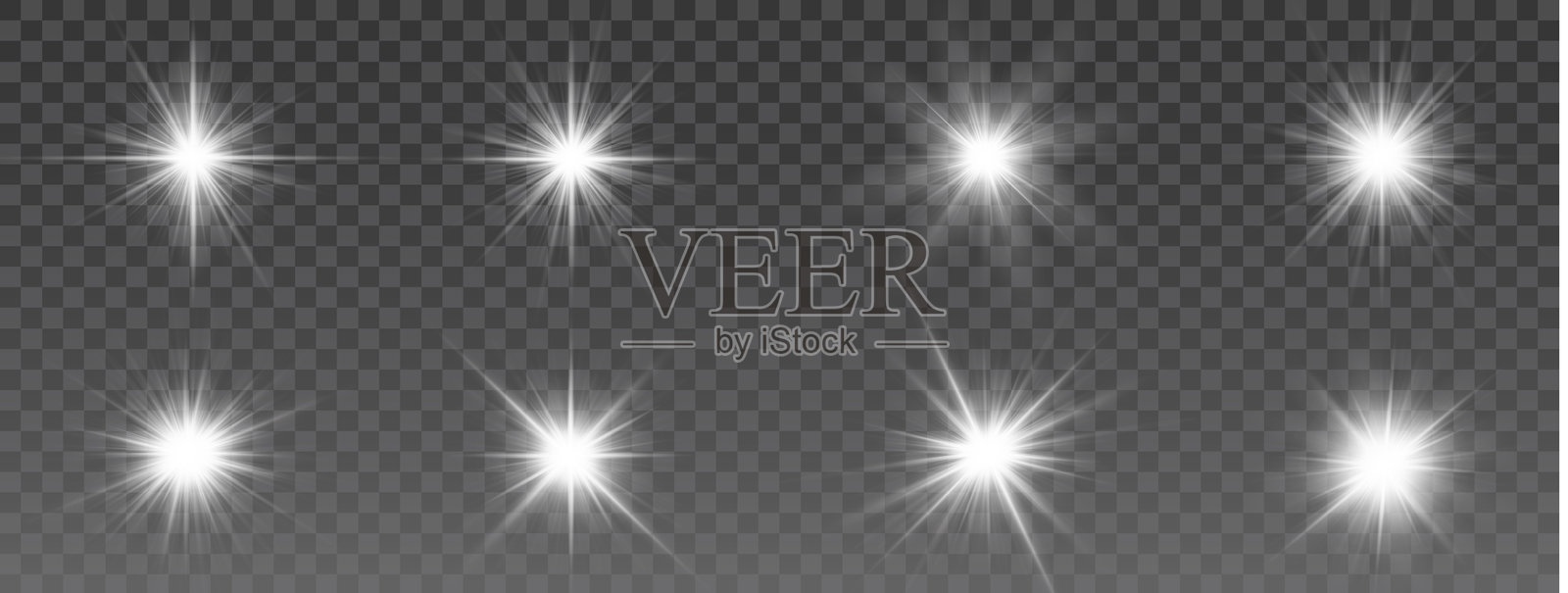 闪亮星光爆发系列，透明闪烁光辉，闪烁效果套装，装饰性明亮火花，节日闪光照明，光辉设计，发光高光，白光闪耀插画图片素材