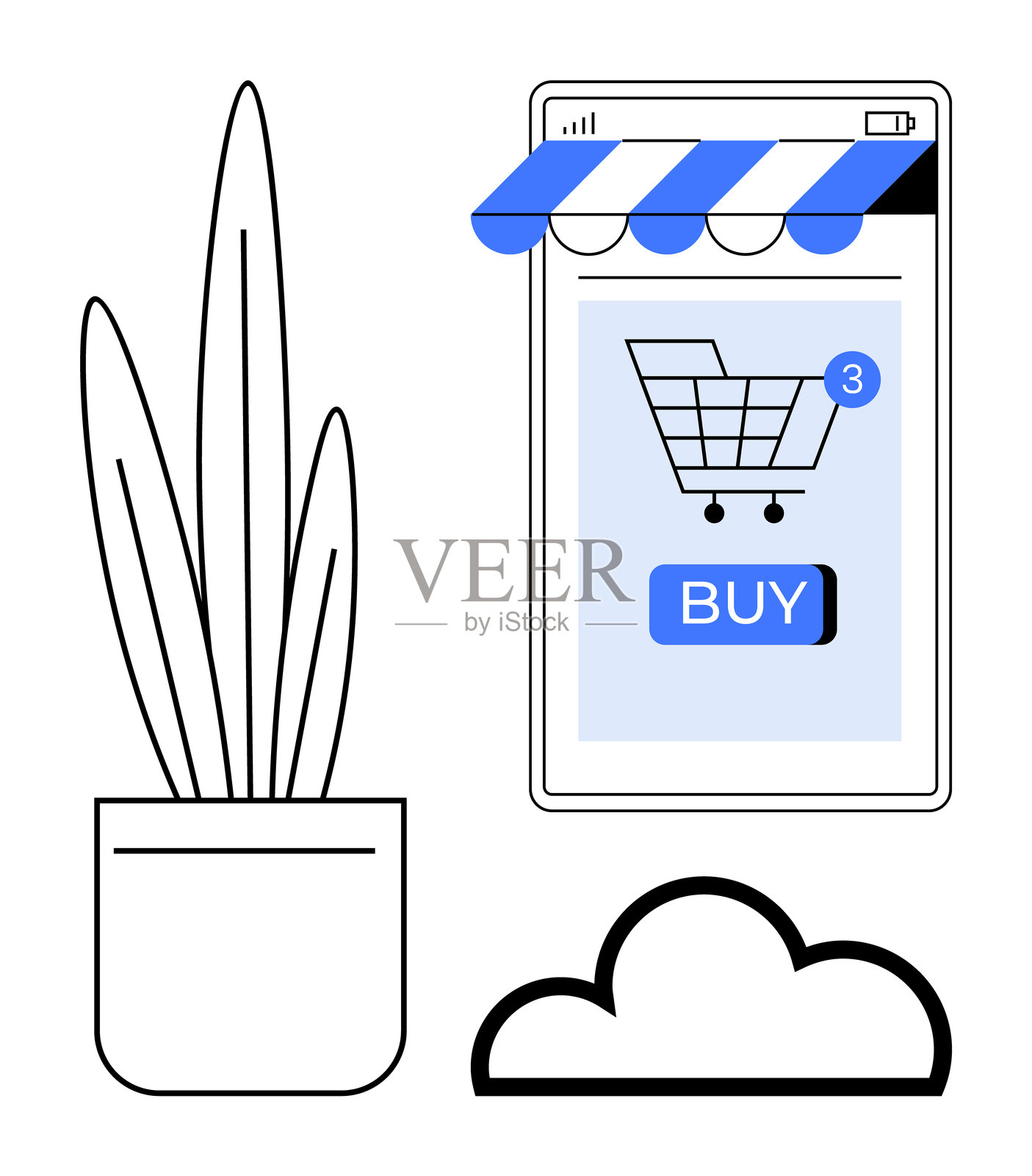 极简黑蓝设计的在线购物移动应用程序，带购物车功能插画图片素材