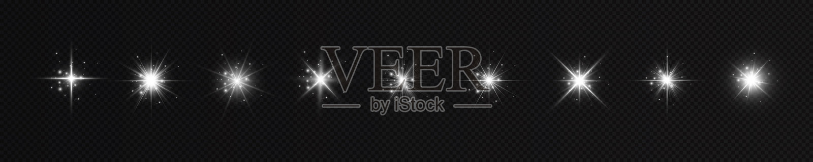 明亮的白色星星。发光效果。透明光效闪烁、镜头光晕、爆炸、闪光、阳光闪烁、火花和星星。阳光，抽象特效。插画图片素材