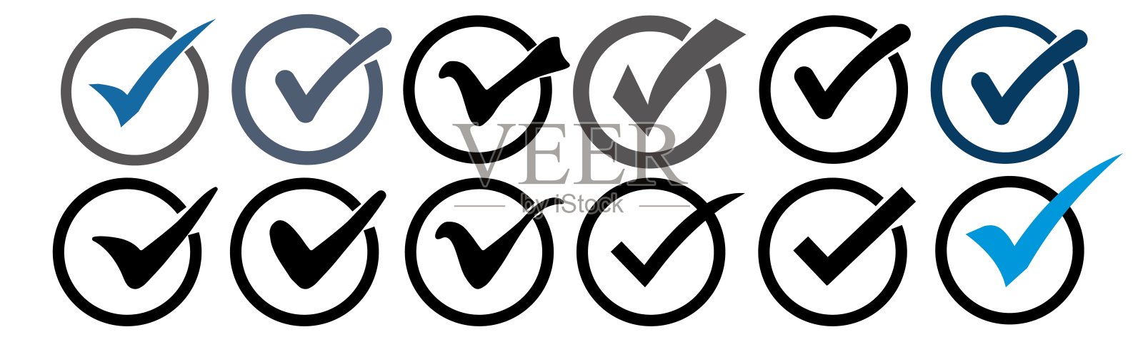 圆形标志中的勾号，黑色勾号图标集矢量插图。清单按钮图标。已批准的符号。插画图片素材