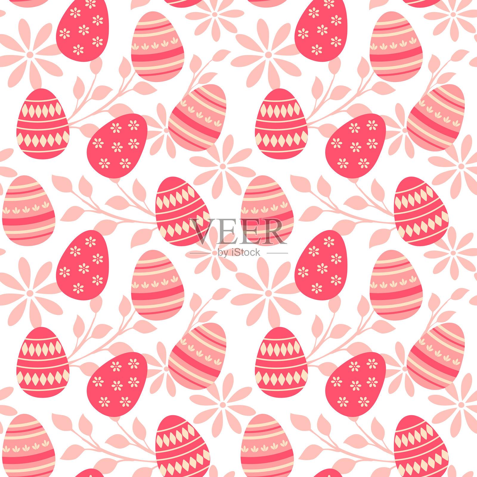 无缝矢量背景，带有复活节彩蛋和粉色柔和色调的花卉装饰插画图片素材