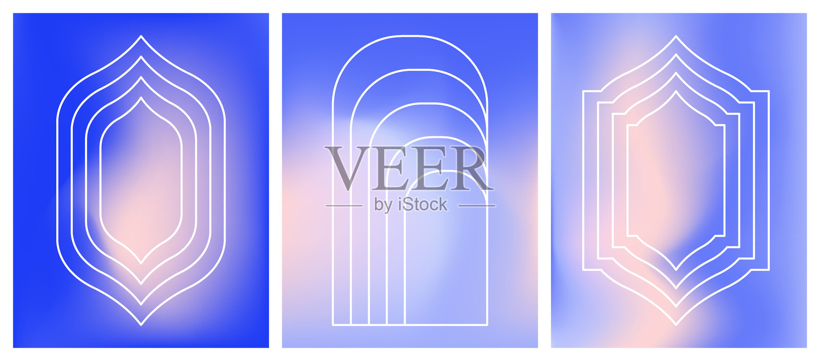 抽象蓝色渐变背景，带有东方风格的伊斯兰门窗轮廓线条艺术插画图片素材