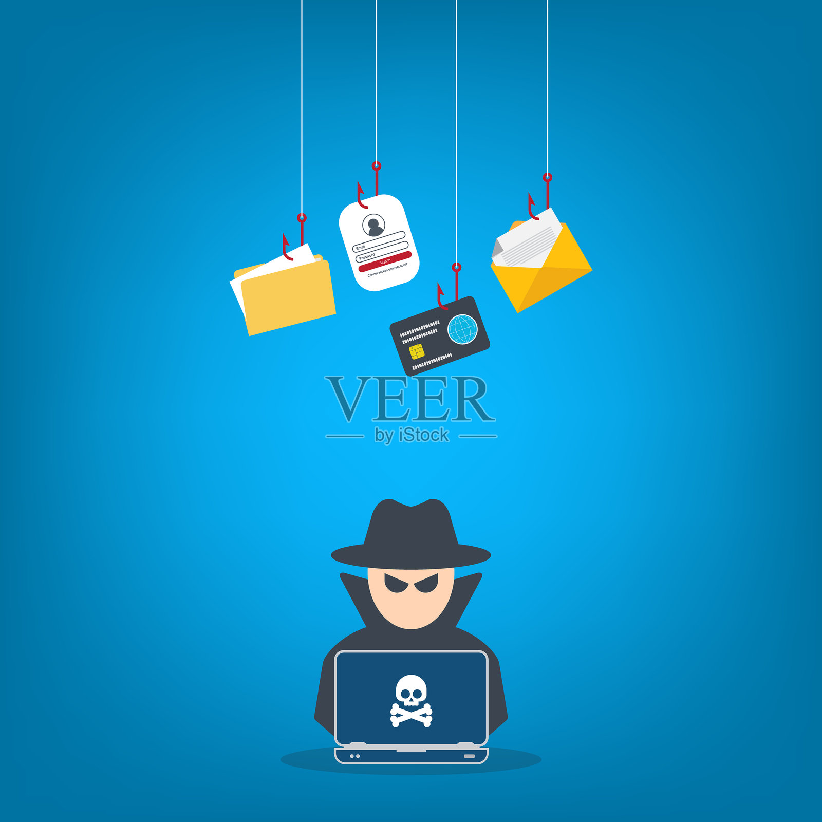 黑客使用笔记本电脑窃取机密数据、个人信息和信用卡详情。黑客概念。插画图片素材