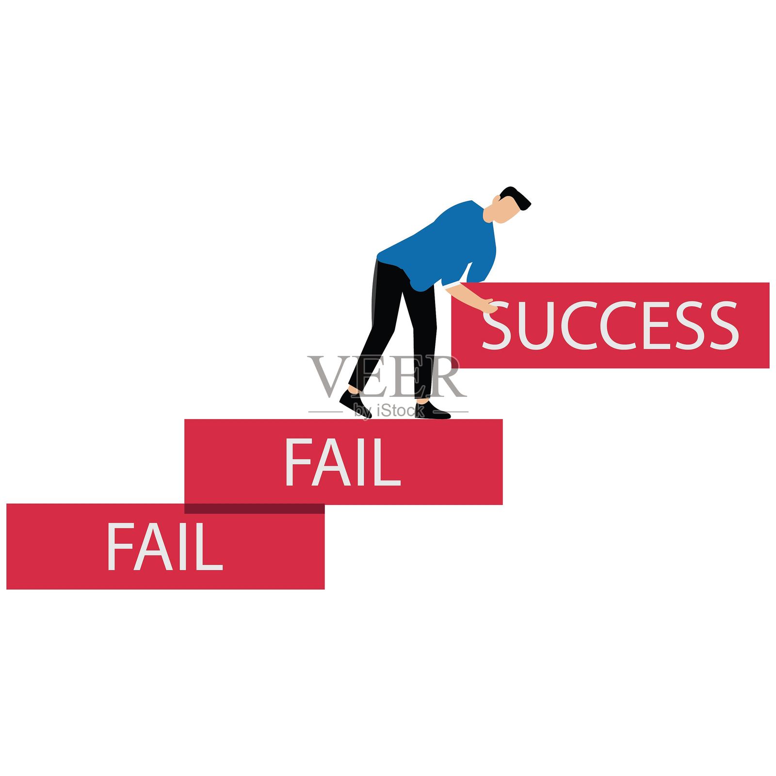 学习从失败中成长，以实现目标的理念，从失败中改进，构建通往成功的阶梯，努力的商人通过失败搭建成功的阶梯。插画图片素材