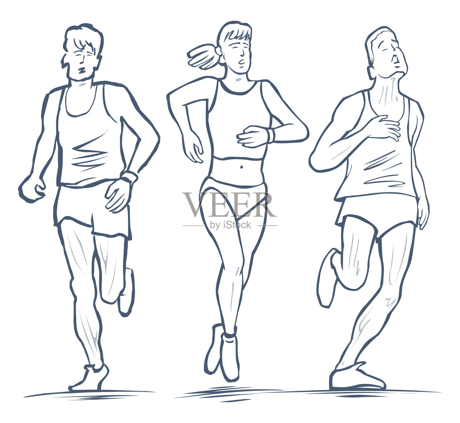 三位不同的跑步者组成的小组插画图片素材