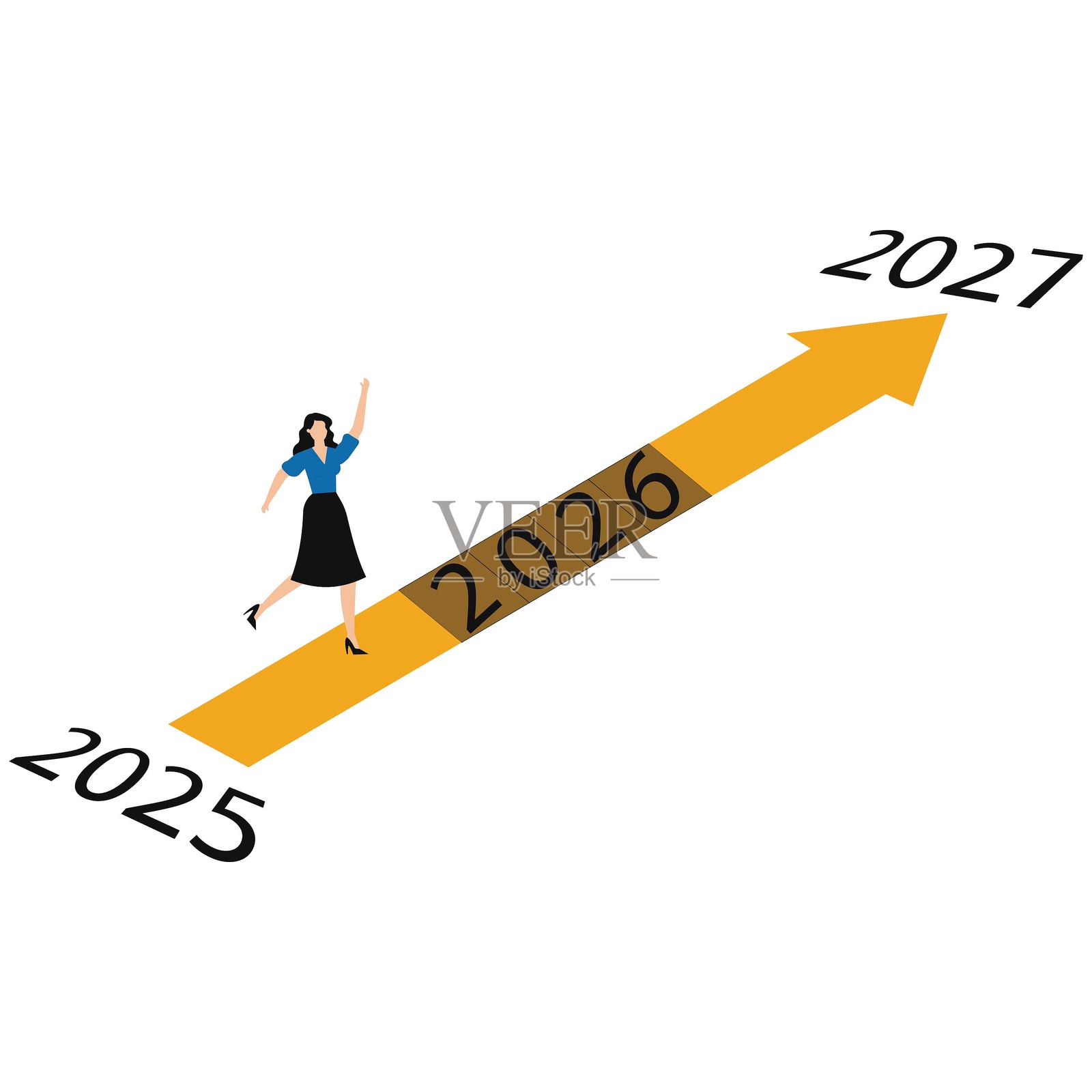 女商人奔向2025、2026、2027年的目标或更远的道路插画图片素材